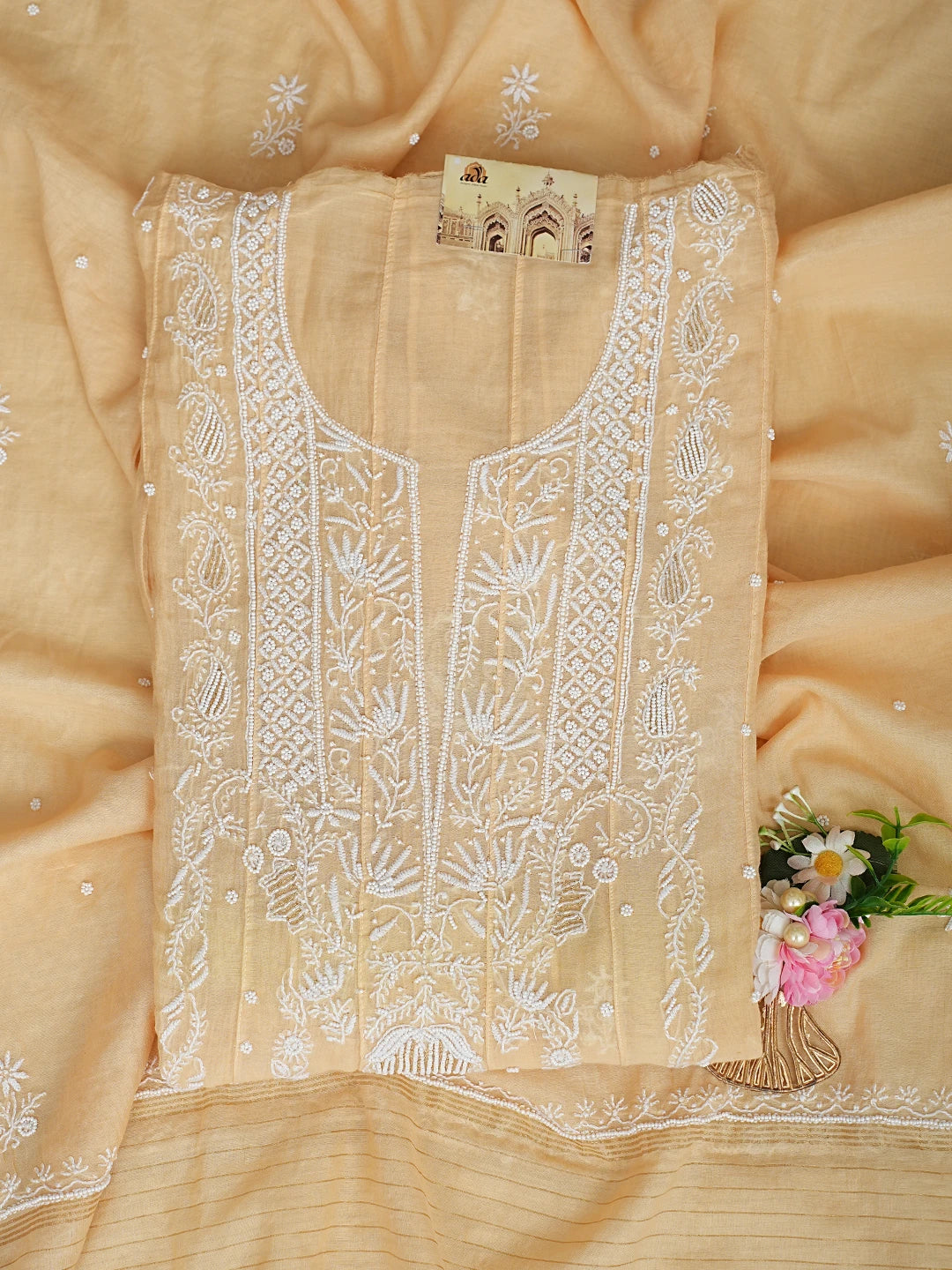 Ada Hand Embroidered Peach Chanderi Lucknowi Chikankari Semi-stitched Anarkali Kurta Dupatta Set With Pearl 01A778008