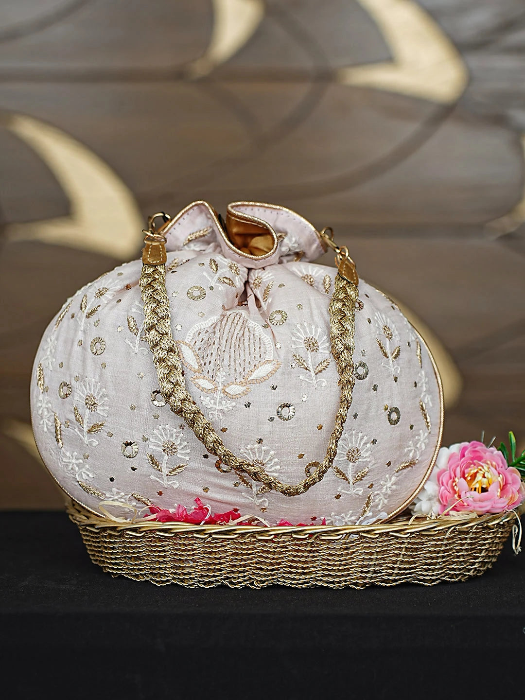 Ada Hand Embroidered Pink Silk Lucknowi Chikankari Potli Bag With Zari Work 01A921457