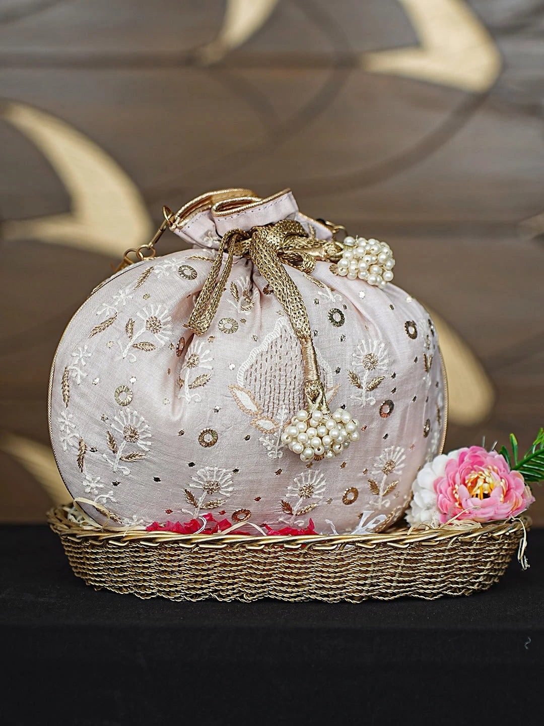 Ada Hand Embroidered Pink Silk Lucknowi Chikankari Potli Bag With Zari Work 01A921457