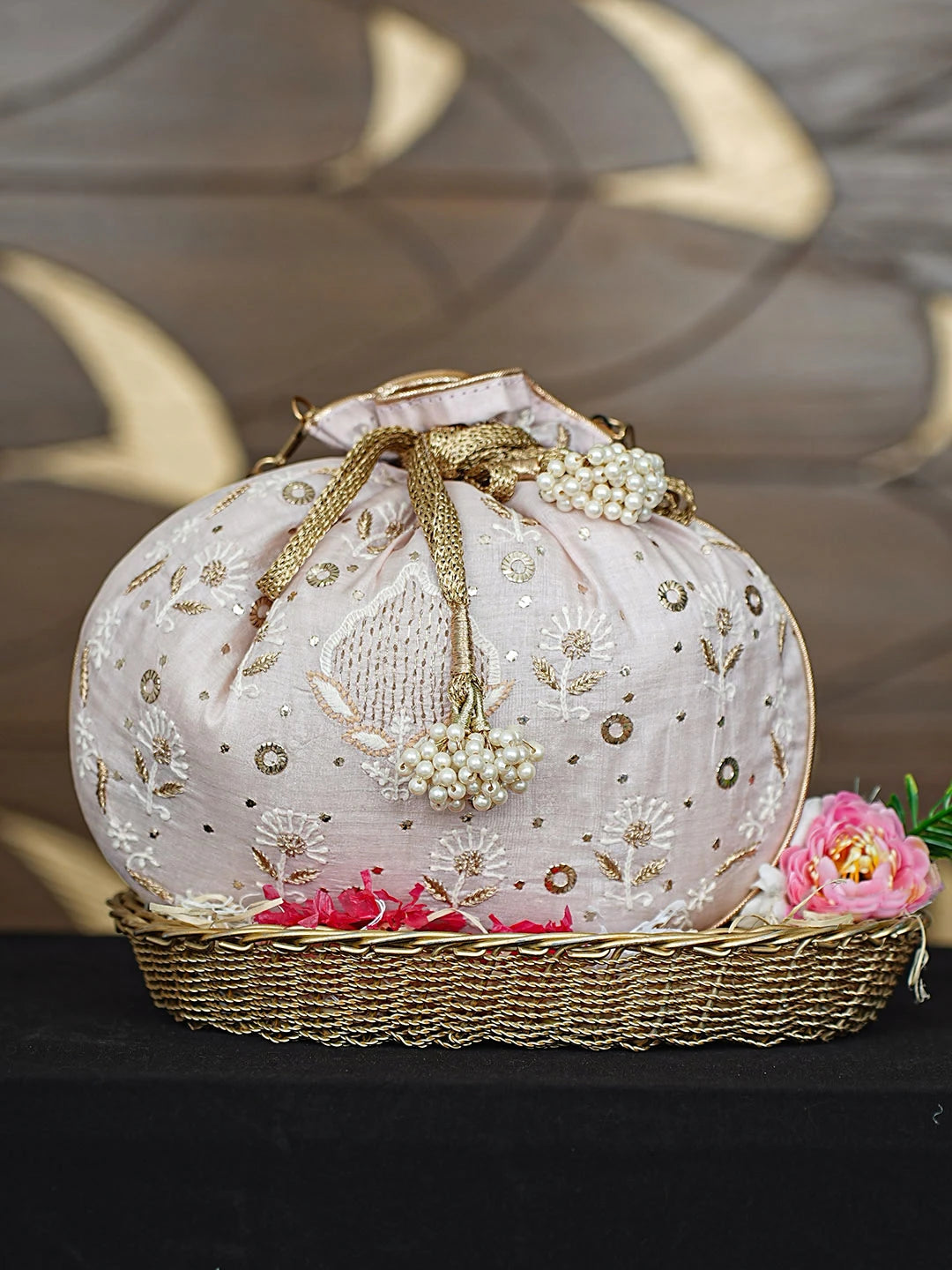 Ada Hand Embroidered Pink Silk Lucknowi Chikankari Potli Bag With Zari Work 01A921457