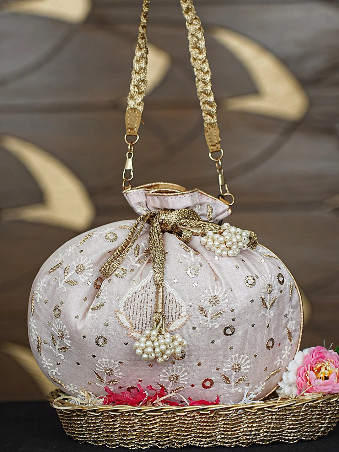 Ada Hand Embroidered Pink Silk Lucknowi Chikankari Potli Bag With Zari Work 01A921457