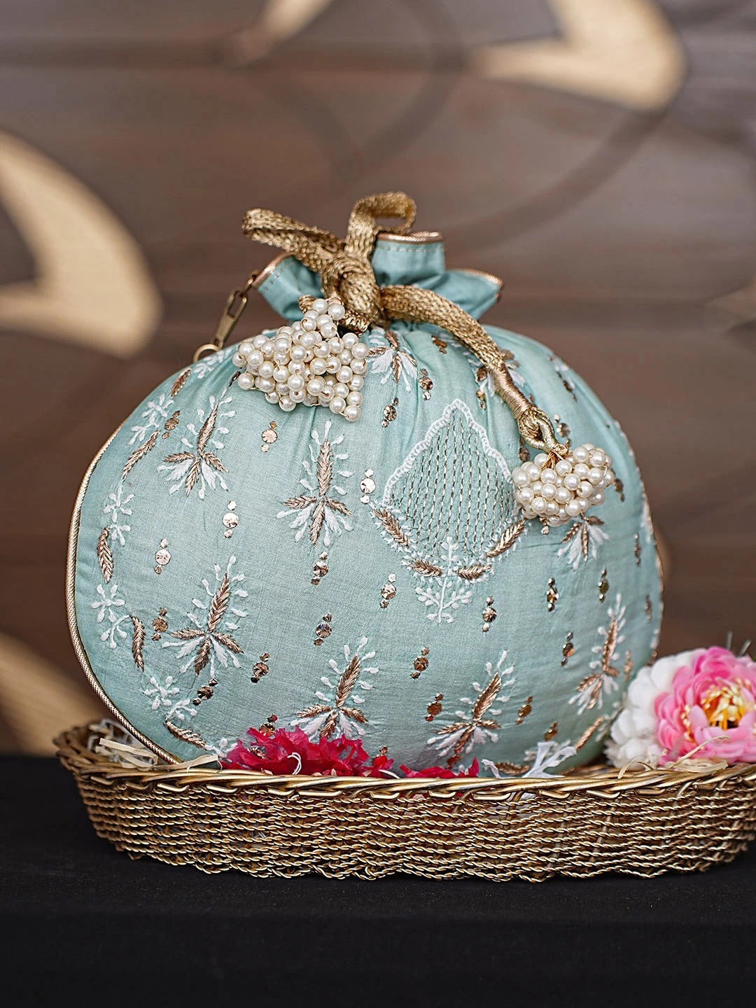 Ada Hand Embroidered Sea Green Silk Lucknowi Chikankari Potli Bag With Zari Work 01A908855