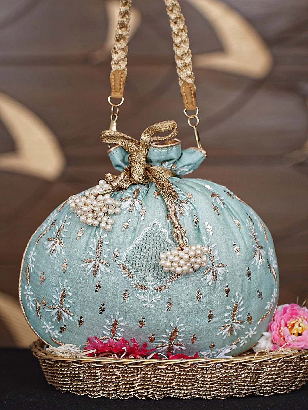 Ada Hand Embroidered Sea Green Silk Lucknowi Chikankari Potli Bag With Zari Work 01A908855