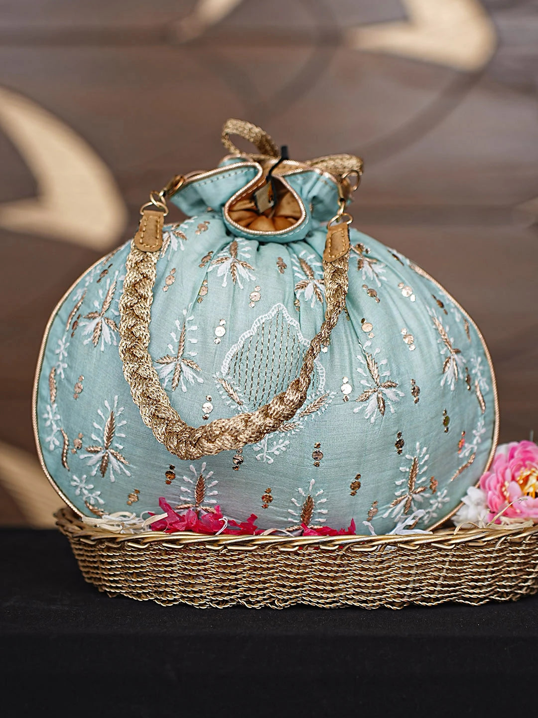 Ada Hand Embroidered Sea Green Silk Lucknowi Chikankari Potli Bag With Zari Work 01A908855