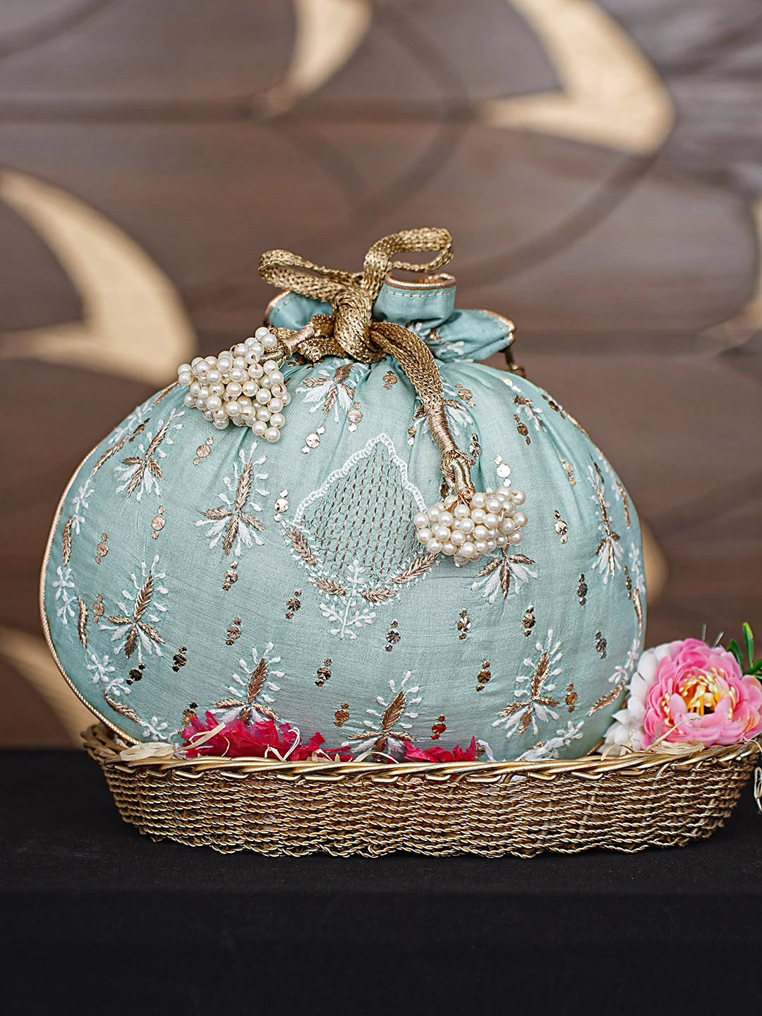 Ada Hand Embroidered Sea Green Silk Lucknowi Chikankari Potli Bag With Zari Work 01A908855