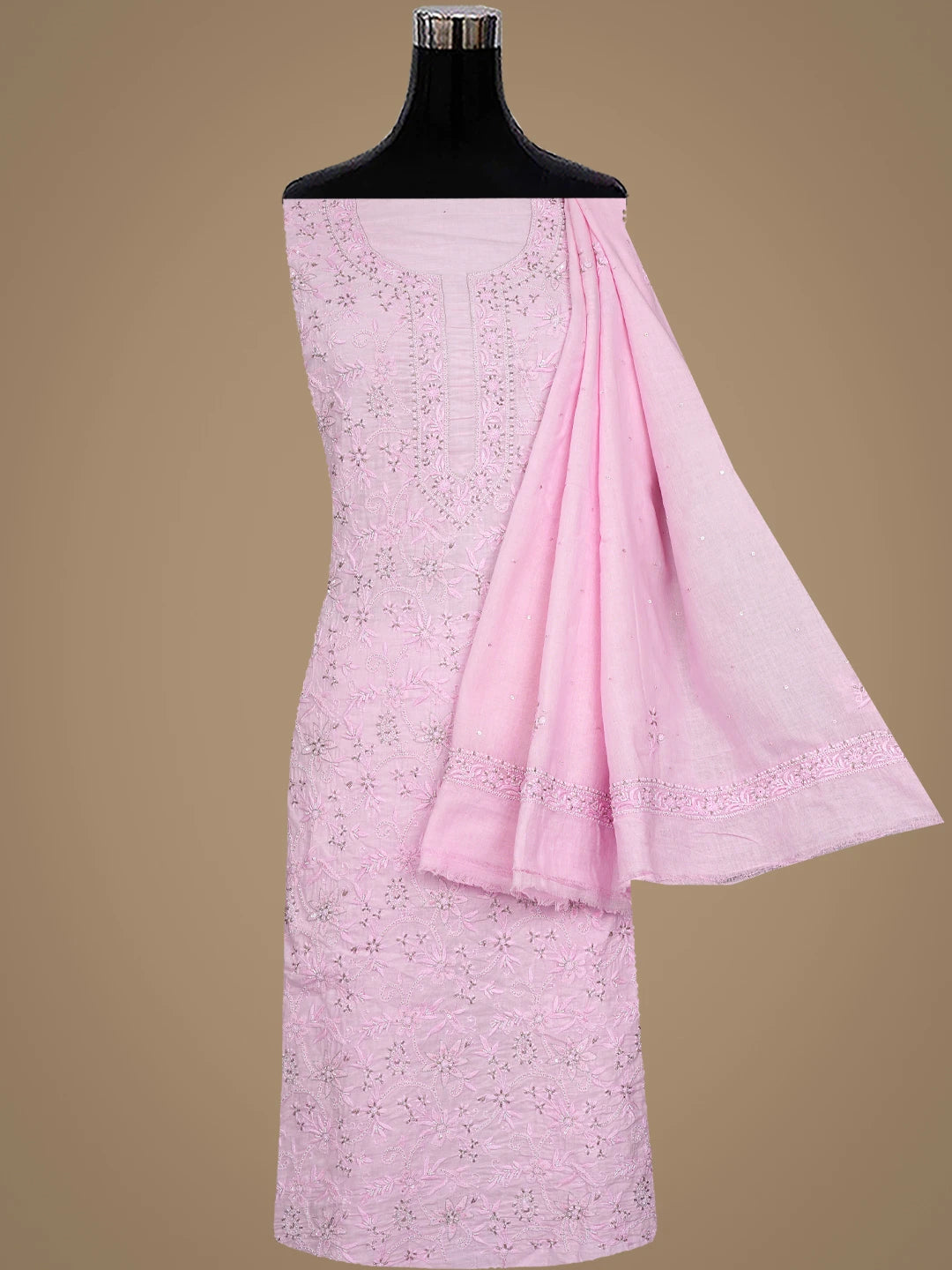 Ada Hand Embroidered Light Pink Cotton Lucknowi Chikankari Unstitched Kurta Dupatta Set with Pearl Work 01A780679