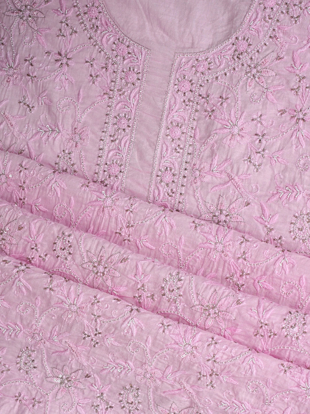 Ada Hand Embroidered Light Pink Cotton Lucknowi Chikankari Unstitched Kurta Dupatta Set with Pearl Work 01A780679