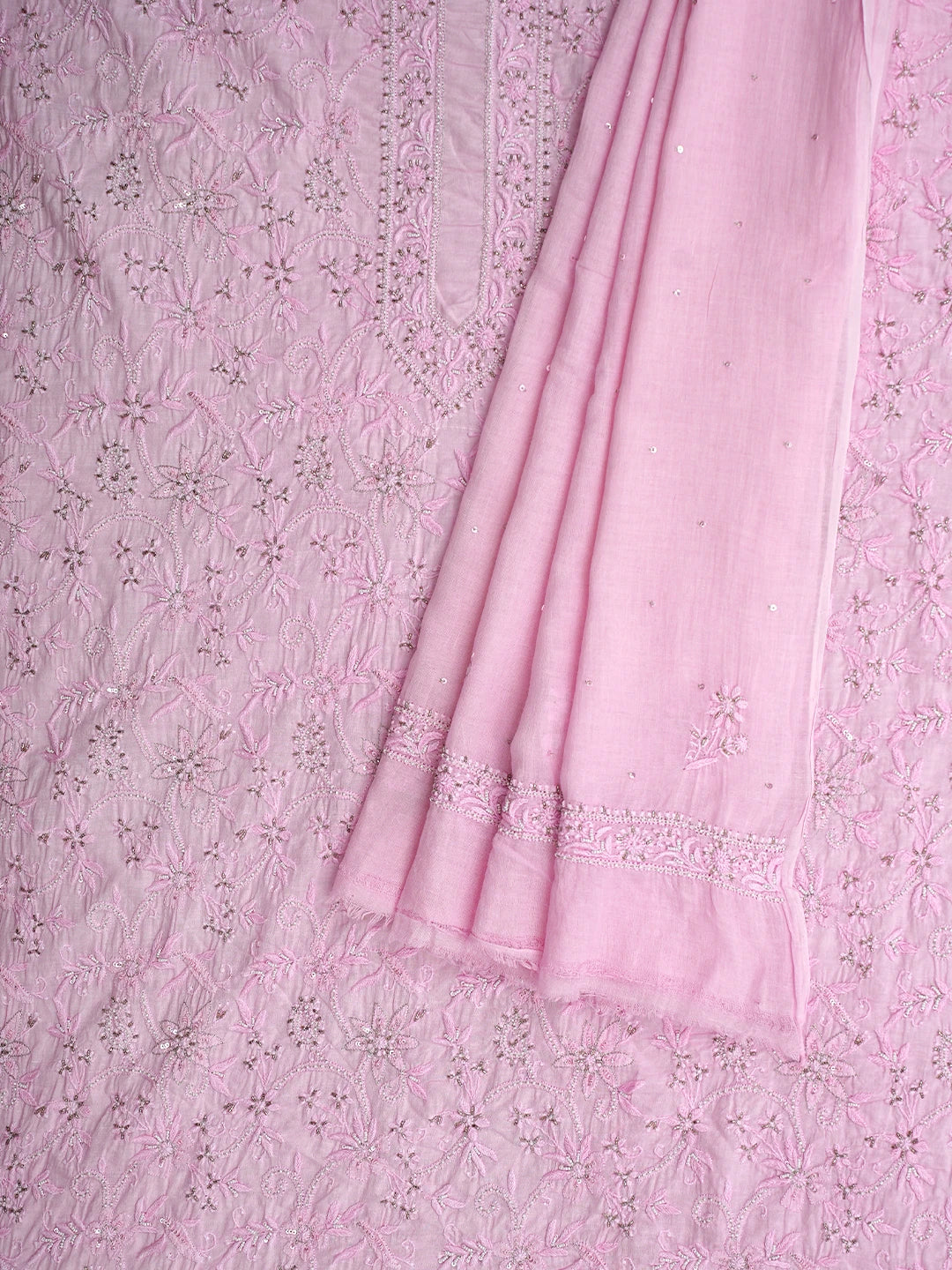 Ada Hand Embroidered Light Pink Cotton Lucknowi Chikankari Unstitched Kurta Dupatta Set with Pearl Work 01A780679