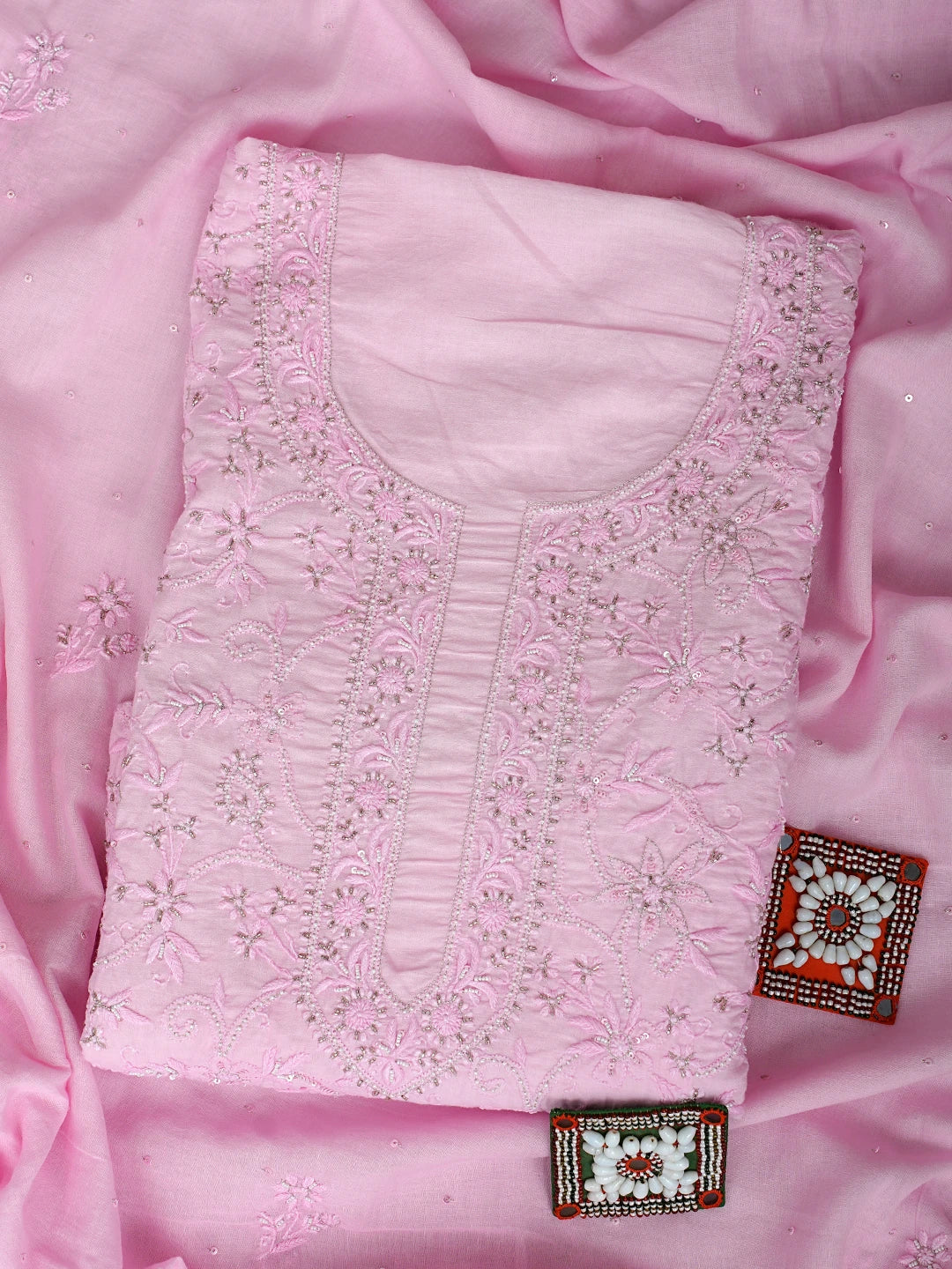 Ada Hand Embroidered Light Pink Cotton Lucknowi Chikankari Unstitched Kurta Dupatta Set with Pearl Work 01A780679