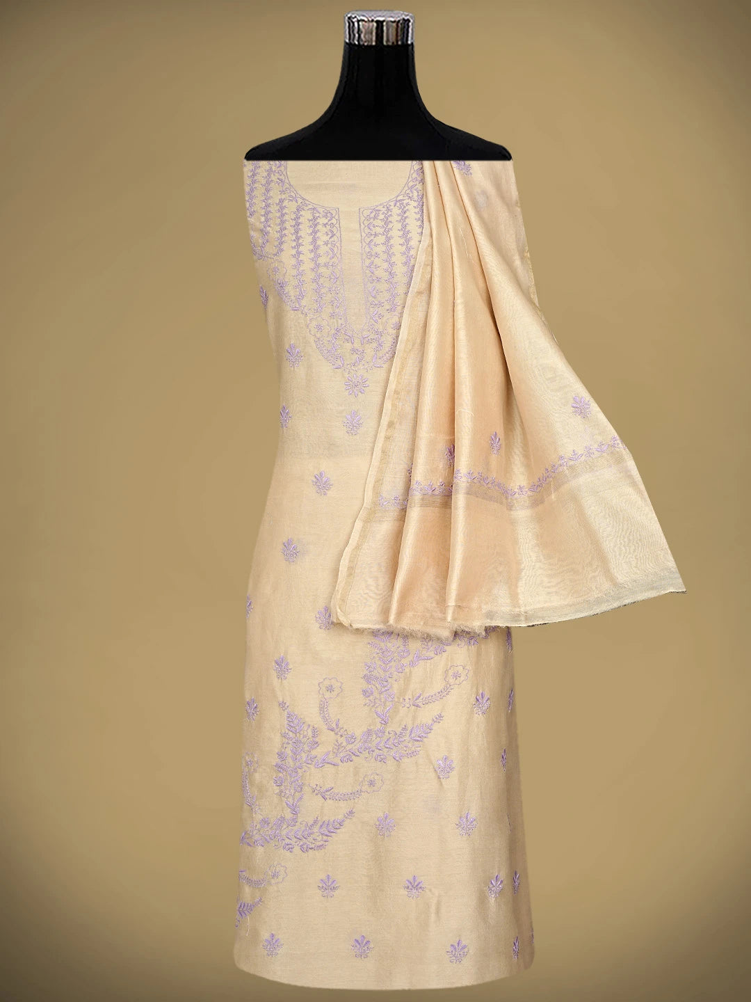 Ada Hand Embroidered Fawn Chanderi Lucknowi Chikankari Unstitched Kurta Dupatta Set 01A918357