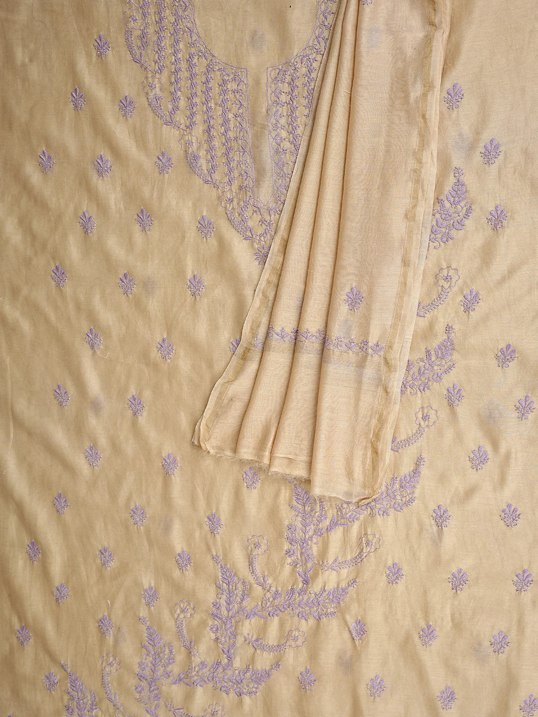 Ada Hand Embroidered Fawn Chanderi Lucknowi Chikankari Unstitched Kurta Dupatta Set 01A918357