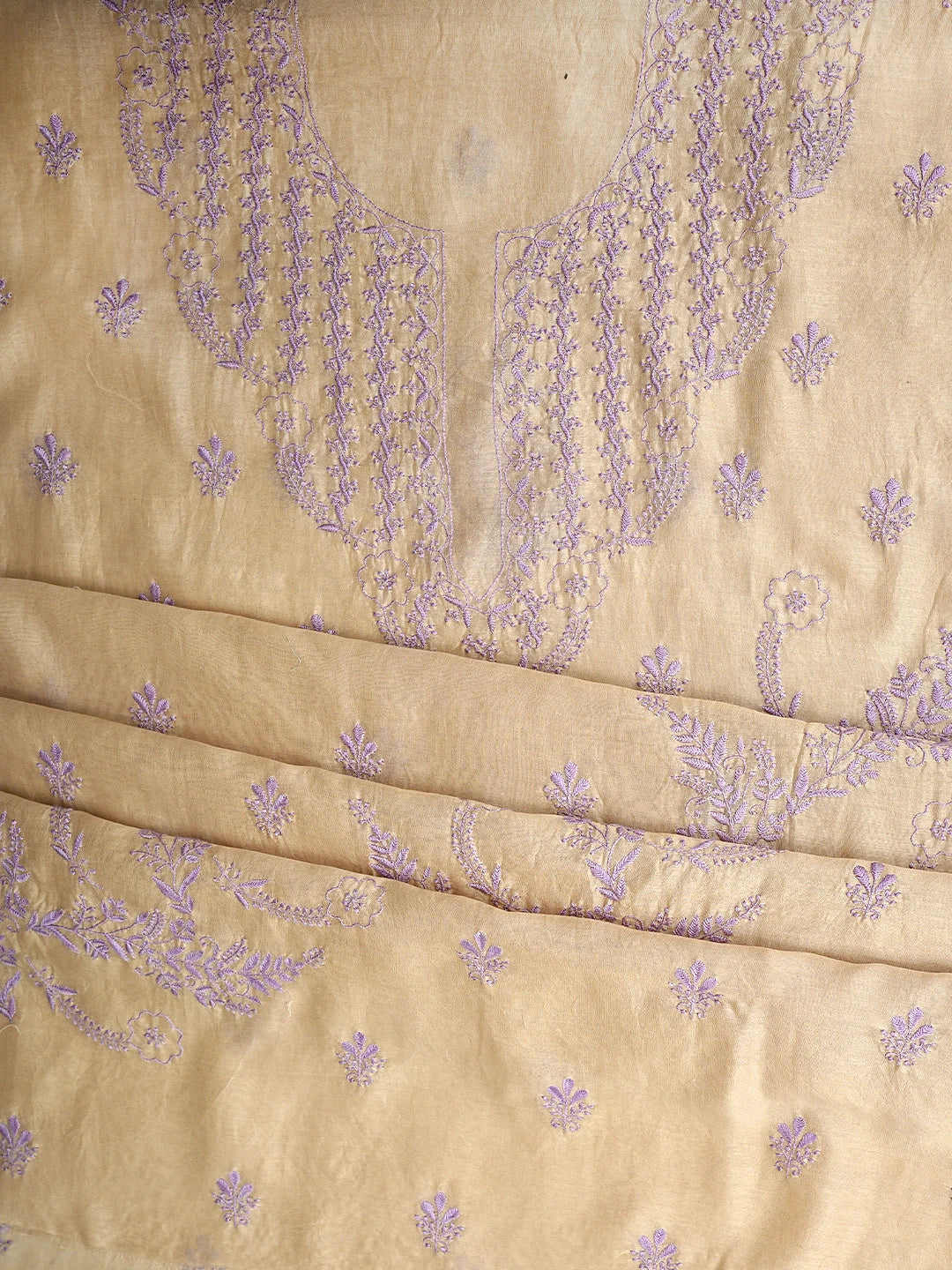 Ada Hand Embroidered Fawn Chanderi Lucknowi Chikankari Unstitched Kurta Dupatta Set 01A918357