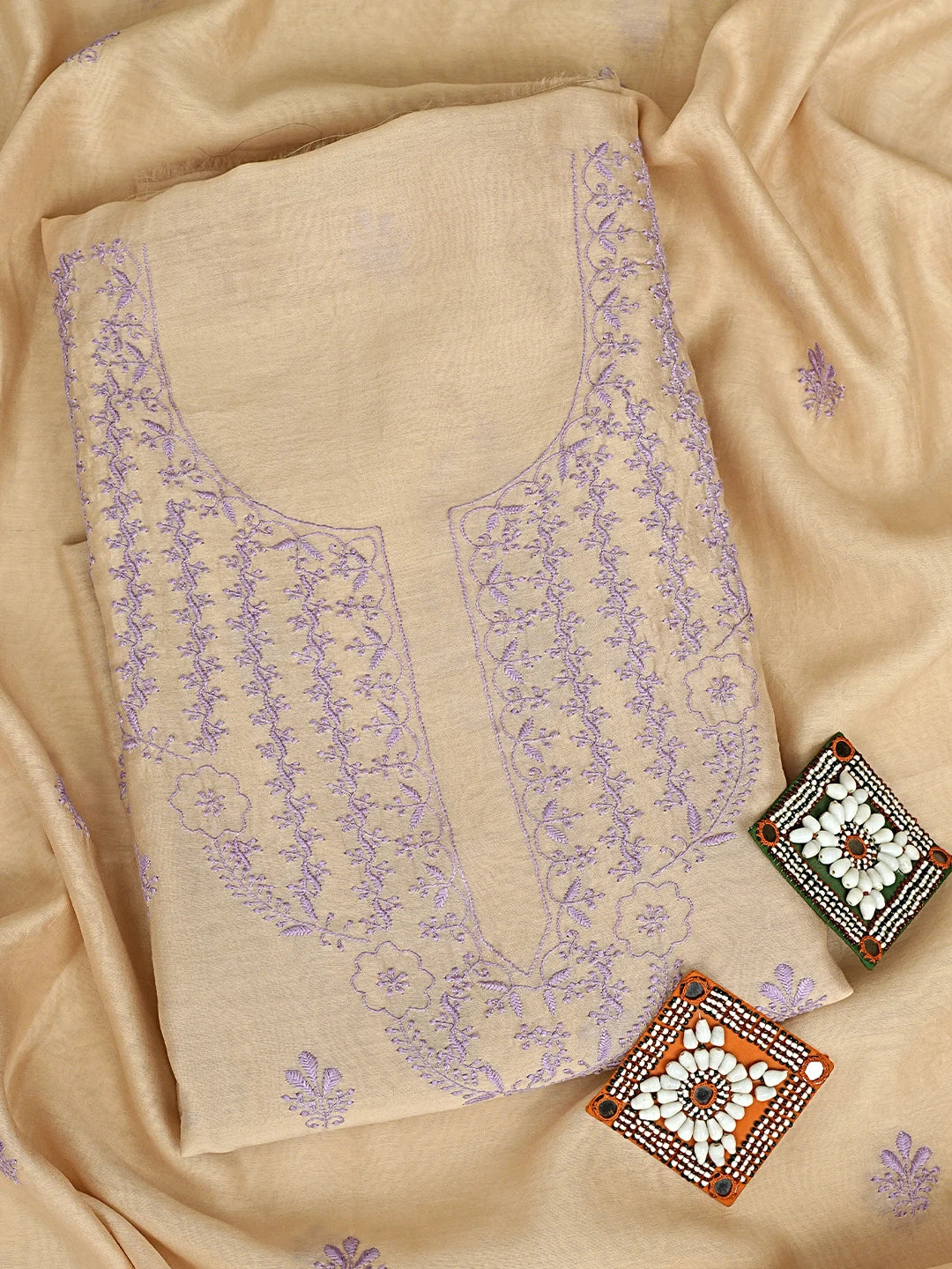 Ada Hand Embroidered Fawn Chanderi Lucknowi Chikankari Unstitched Kurta Dupatta Set 01A918357