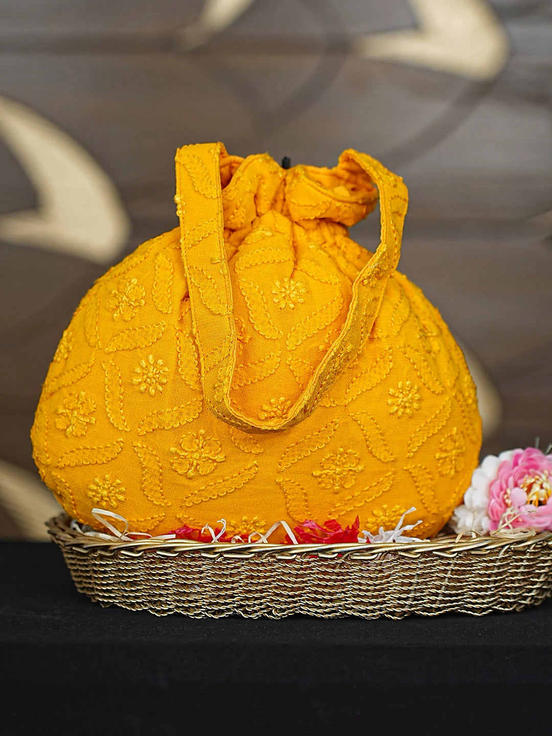 Ada Hand Embroidered Mustard Pure Georgette Lucknowi Chikankari Potli Bag 01A916370