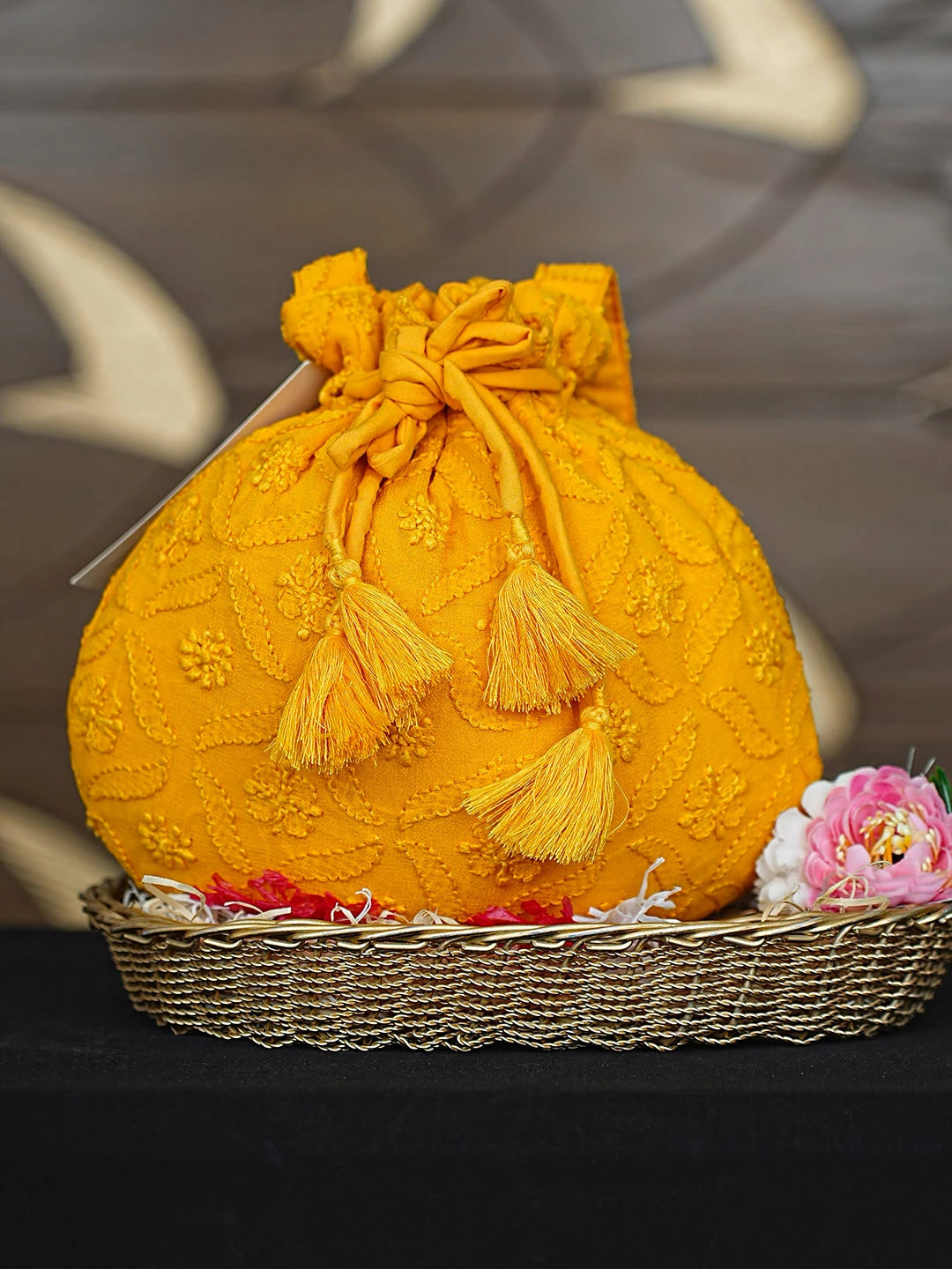 Ada Hand Embroidered Mustard Pure Georgette Lucknowi Chikankari Potli Bag 01A916370