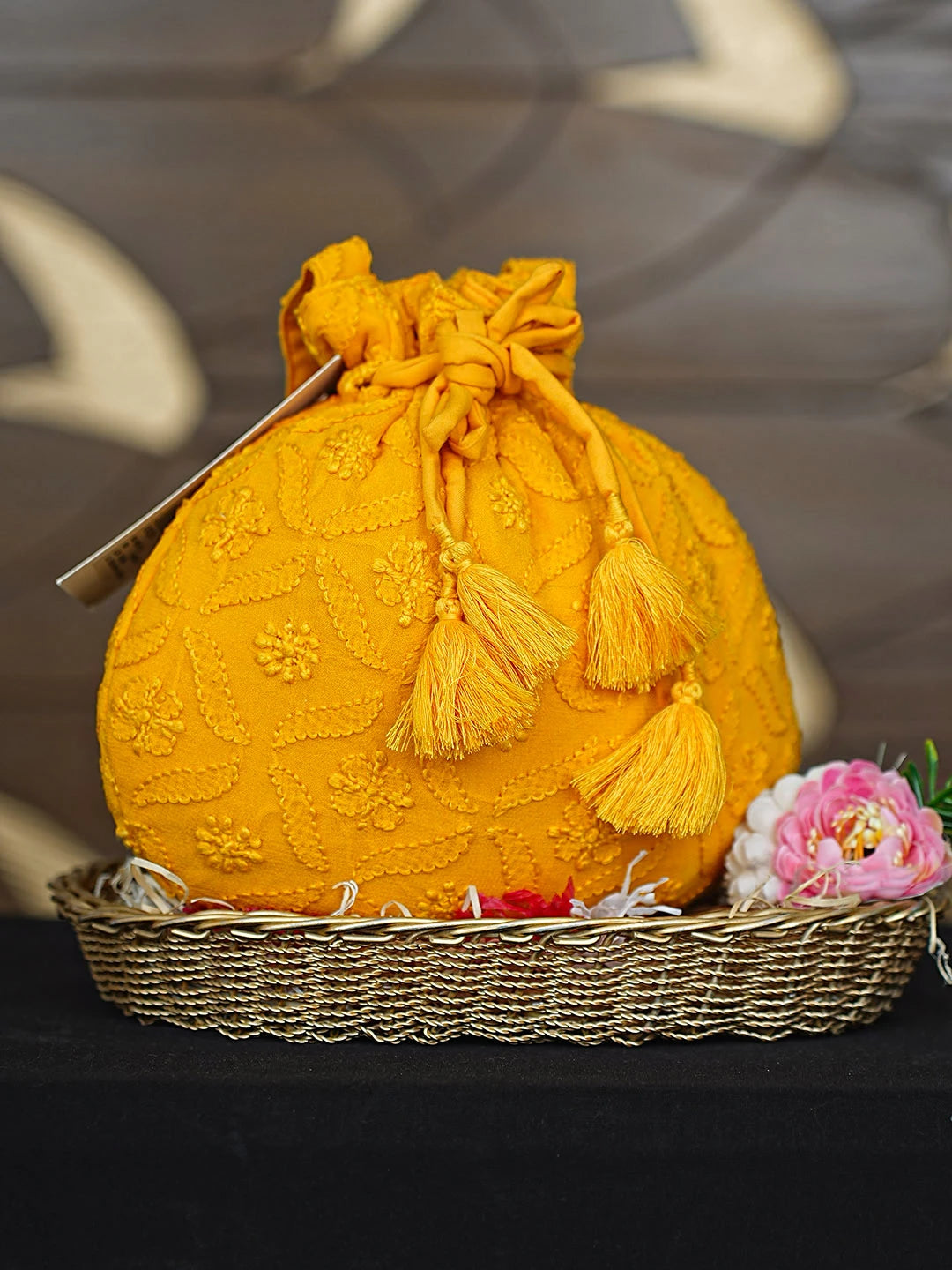 Ada Hand Embroidered Mustard Pure Georgette Lucknowi Chikankari Potli Bag 01A916370