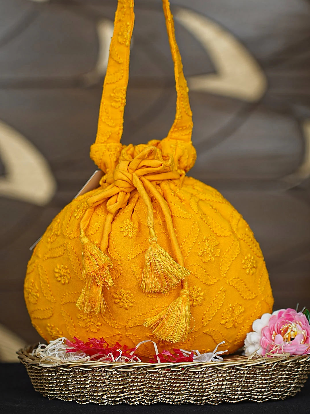 Ada Hand Embroidered Mustard Pure Georgette Lucknowi Chikankari Potli Bag 01A916370