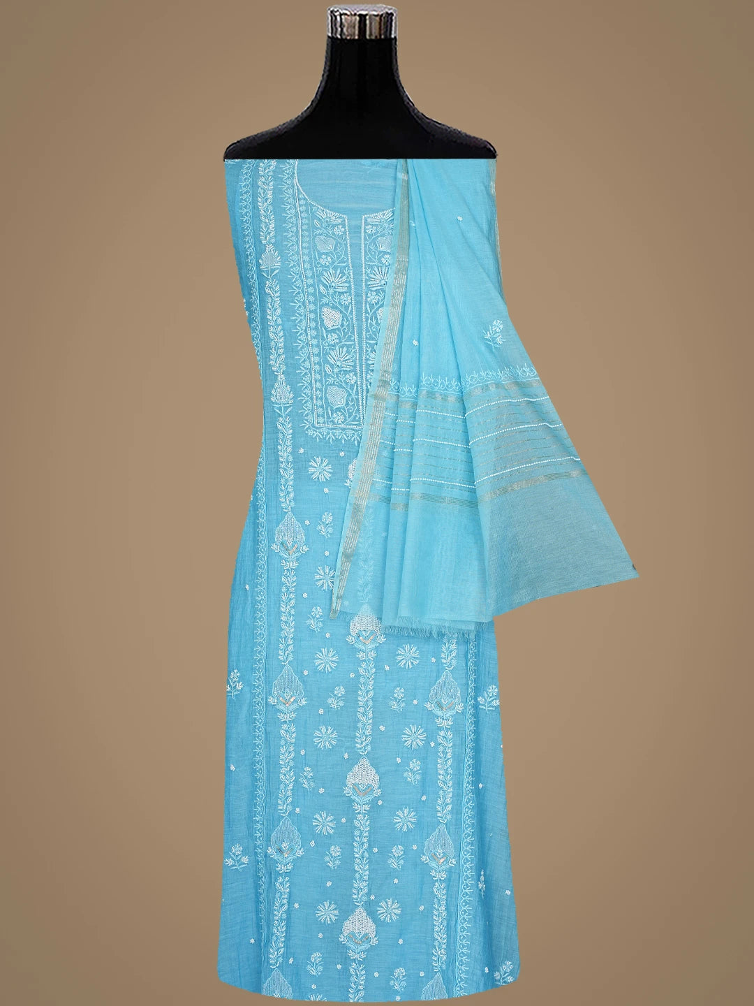 Ada Hand Embroidered Blue Chanderi Lucknowi Chikankari Semi-stitched Kurta Dupatta Set with Pearl Work 01A886007