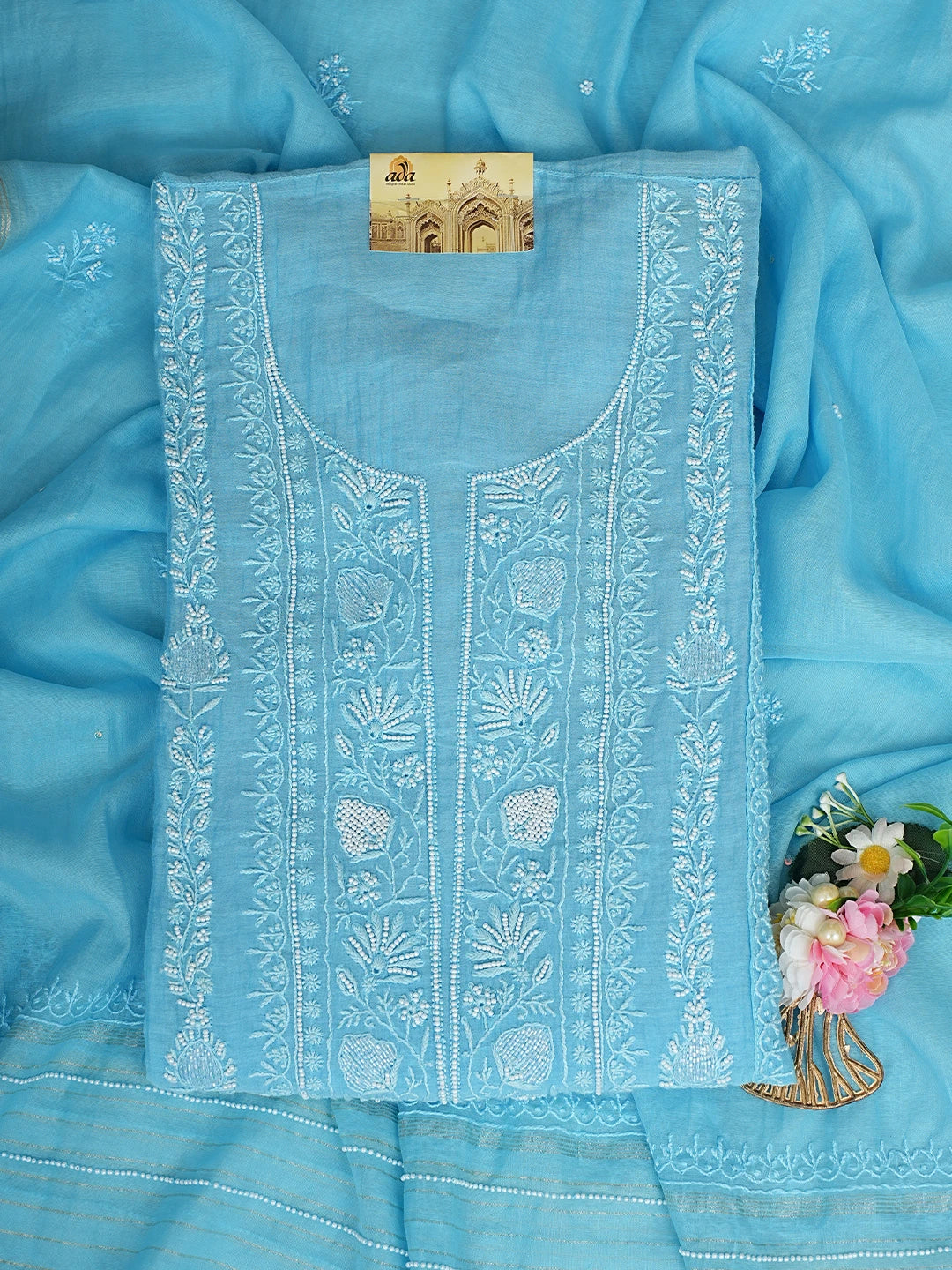 Ada Hand Embroidered Blue Chanderi Lucknowi Chikankari Semi-stitched Kurta Dupatta Set with Pearl Work 01A886007