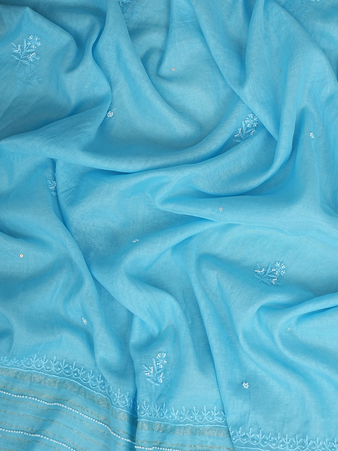 Ada Hand Embroidered Blue Chanderi Lucknowi Chikankari Semi-stitched Kurta Dupatta Set with Pearl Work 01A886007