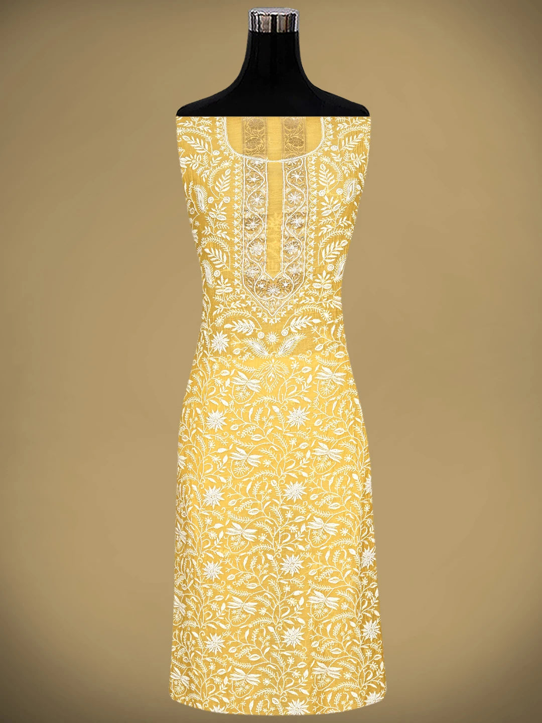 Ada Hand Embroidered Yellow Chanderi Lucknowi Chikankari Unstitched Kurta Dupatta Set With Cutdana Work 01A898247