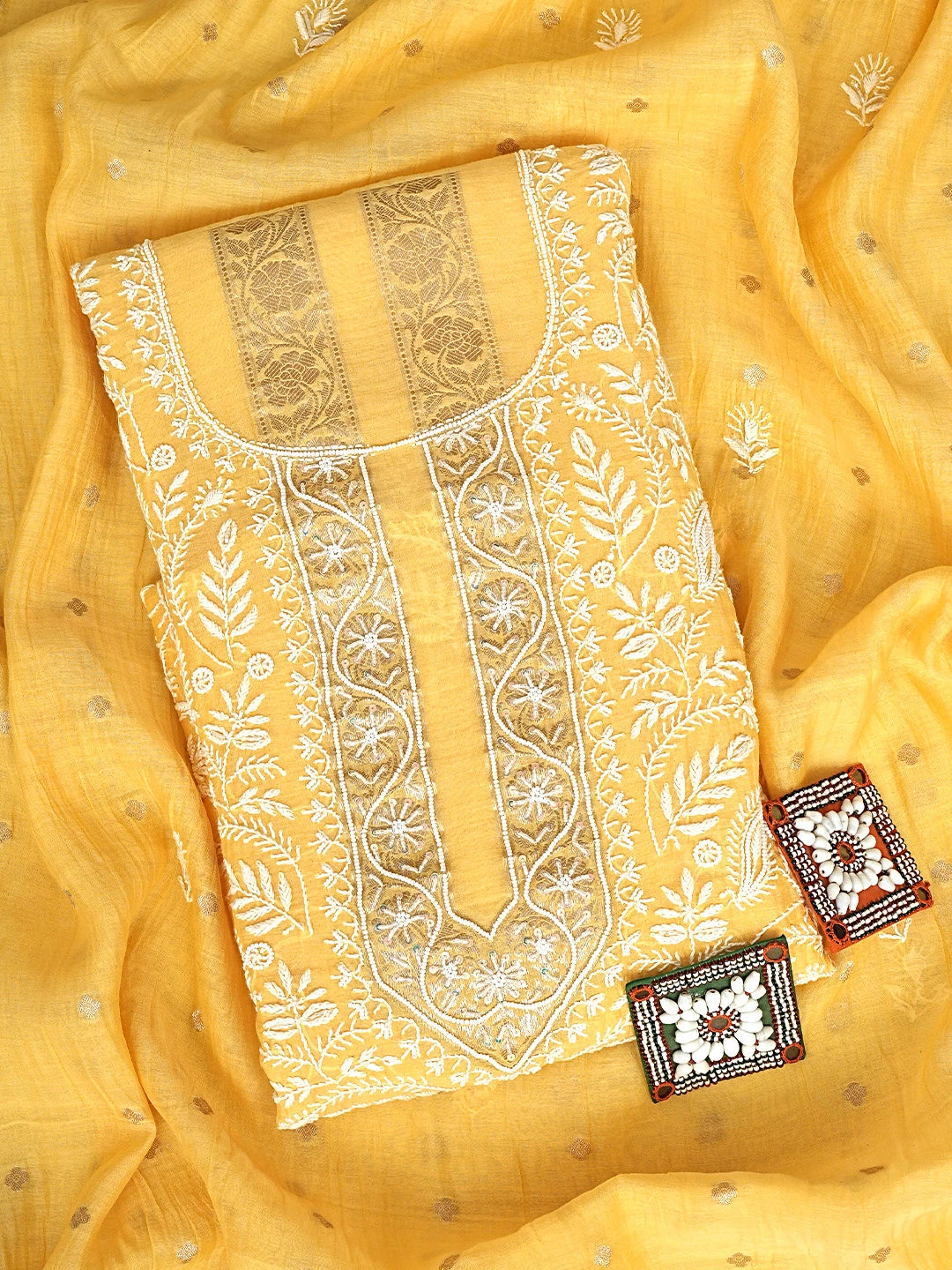 Ada Hand Embroidered Yellow Chanderi Lucknowi Chikankari Unstitched Kurta Dupatta Set With Cutdana Work 01A898247