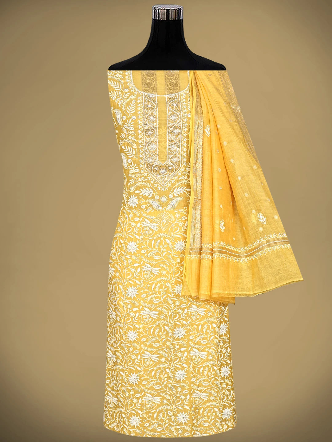 Ada Hand Embroidered Yellow Chanderi Lucknowi Chikankari Unstitched Kurta Dupatta Set With Cutdana Work 01A898247