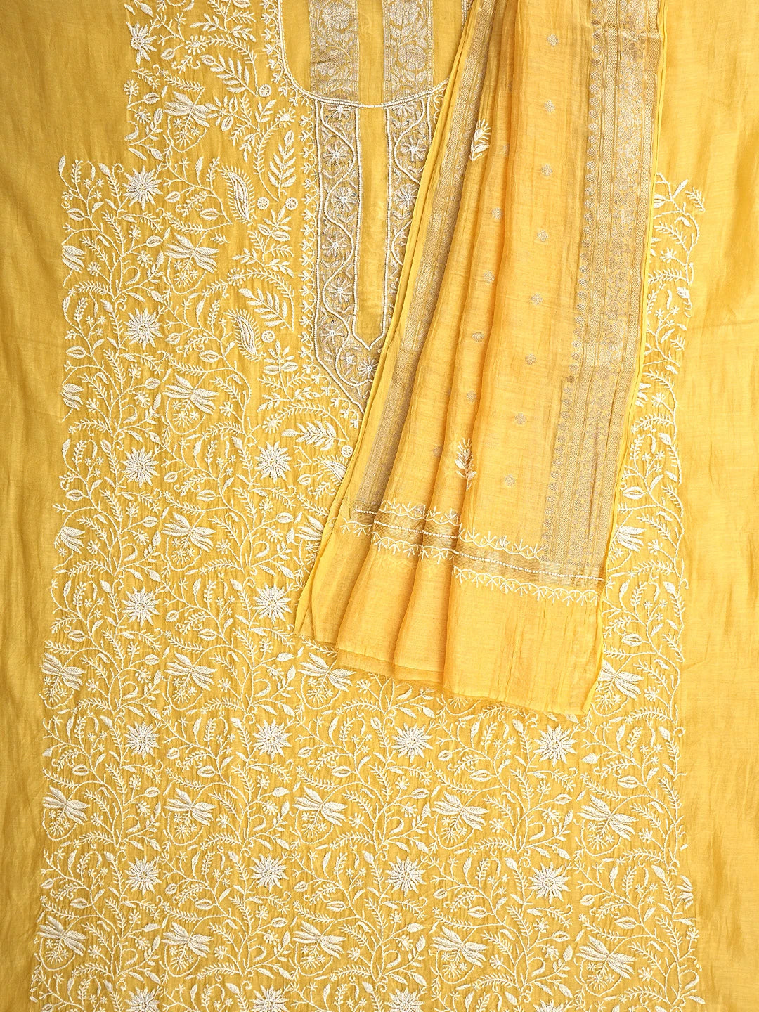 Ada Hand Embroidered Yellow Chanderi Lucknowi Chikankari Unstitched Kurta Dupatta Set With Cutdana Work 01A898247