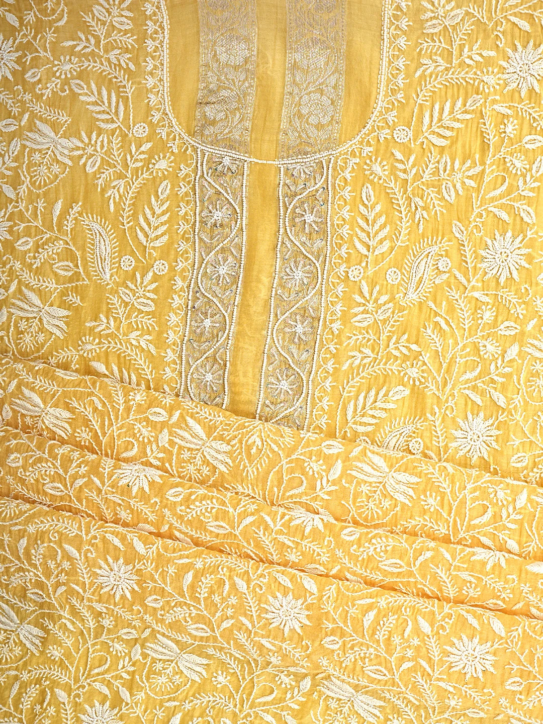 Ada Hand Embroidered Yellow Chanderi Lucknowi Chikankari Unstitched Kurta Dupatta Set With Cutdana Work 01A898247