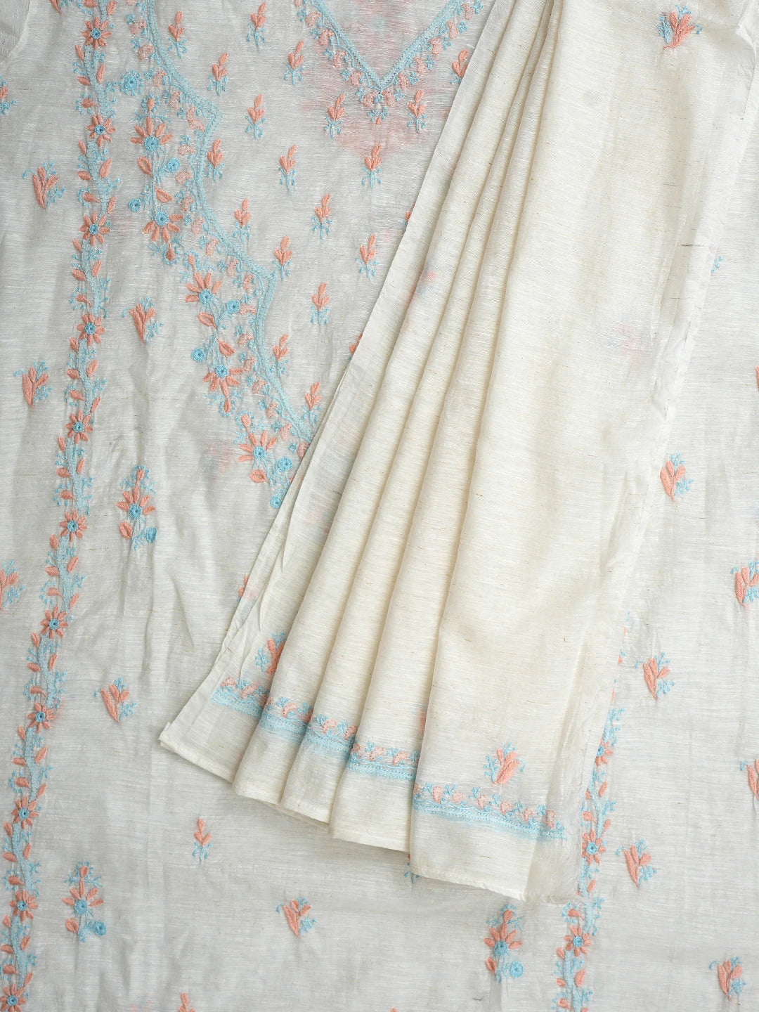 Ada Hand Embroidered Ivory White Khadi Chanderi Lucknowi Chikankari Semi-stitched Kurta Dupatta Set 01A896606