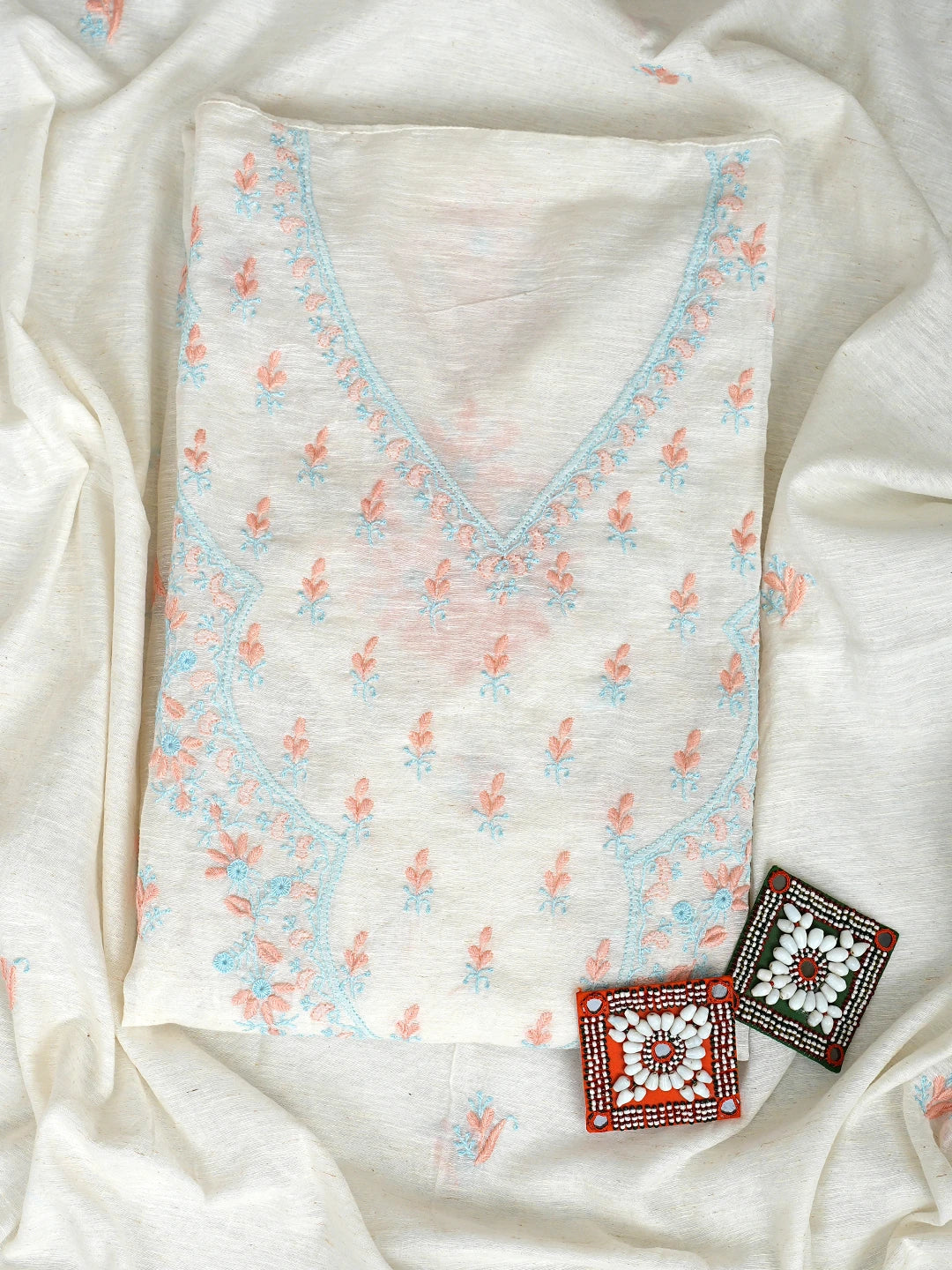 Ada Hand Embroidered Ivory White Khadi Chanderi Lucknowi Chikankari Semi-stitched Kurta Dupatta Set 01A896606