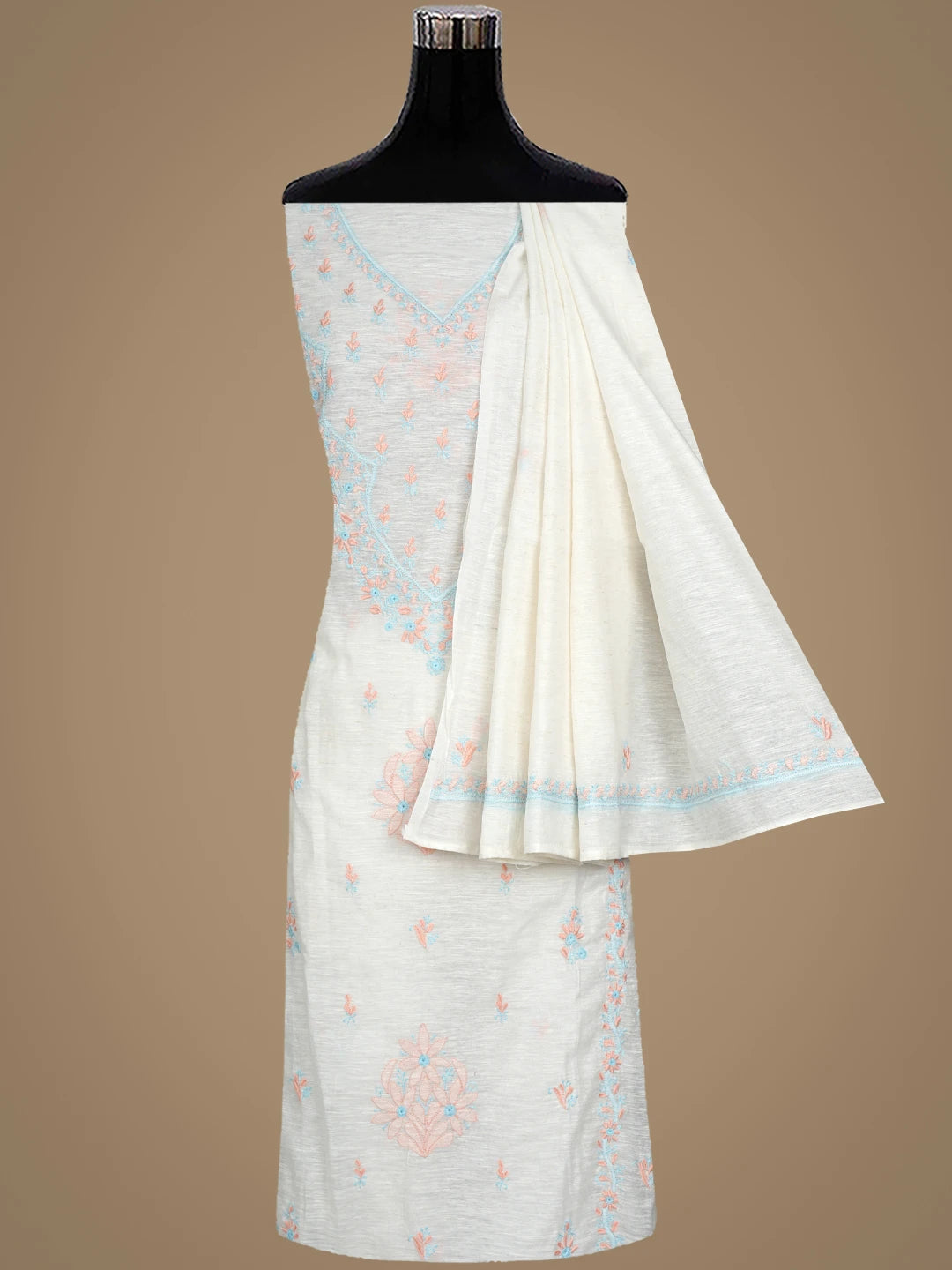 Ada Hand Embroidered Ivory White Khadi Chanderi Lucknowi Chikankari Semi-stitched Kurta Dupatta Set 01A896606