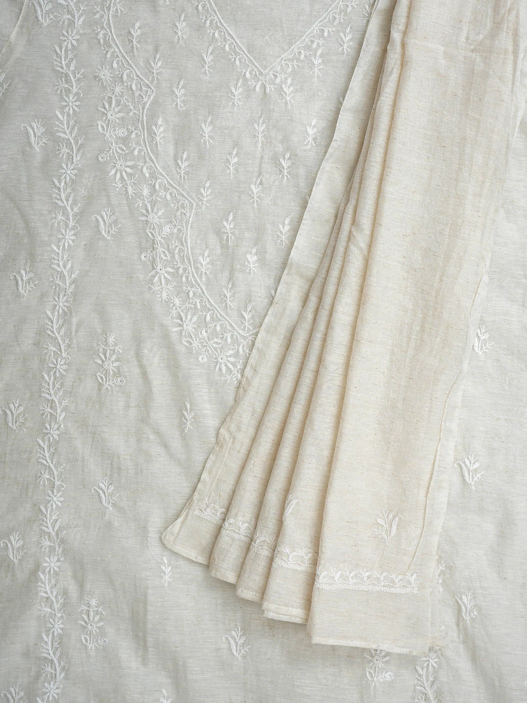 Ada Hand Embroidered Ivory White Khadi Chanderi Lucknowi Chikankari Semi-Stitched Kurta Dupatta Set 01A896626