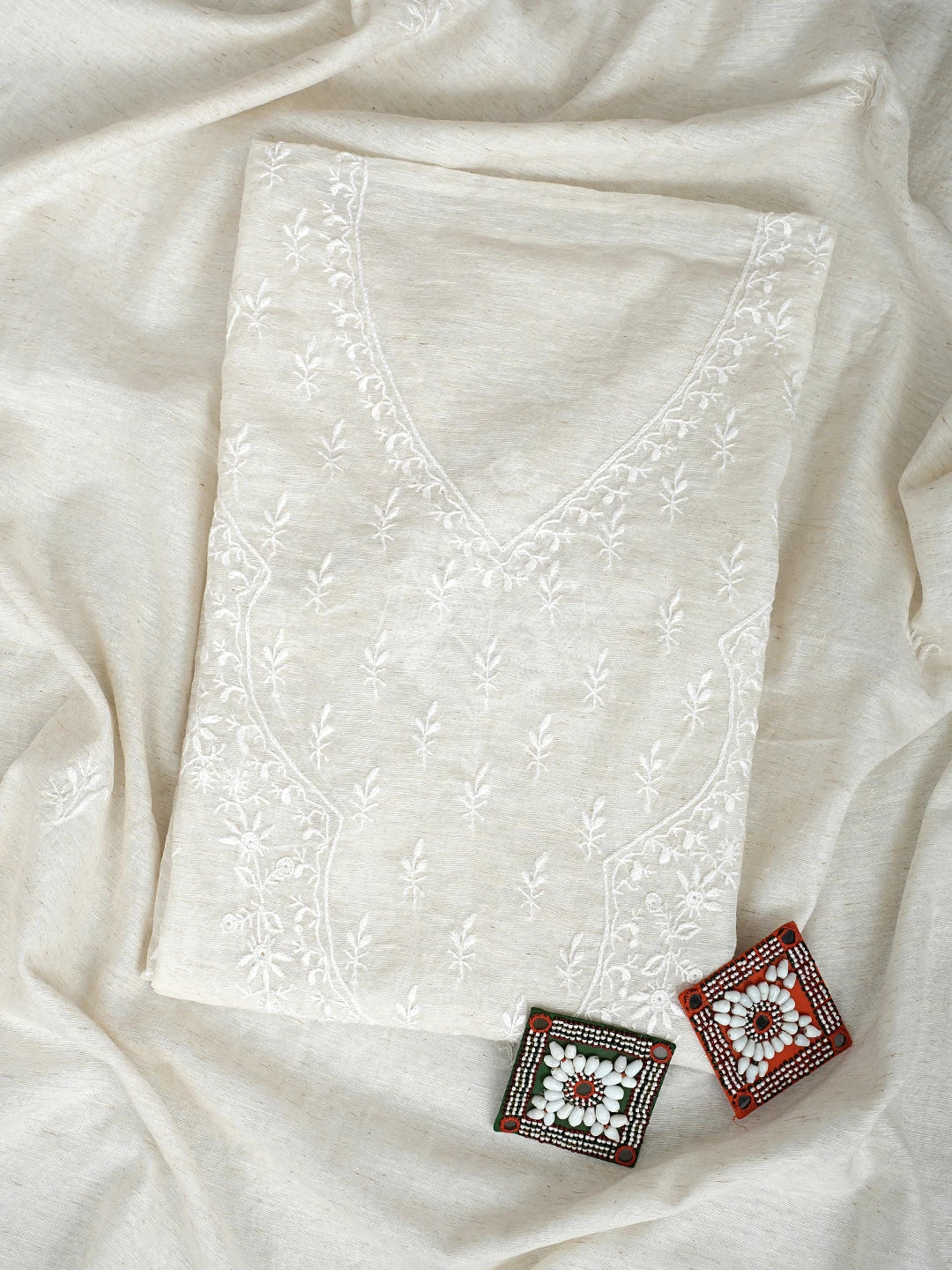 Ada Hand Embroidered Ivory White Khadi Chanderi Lucknowi Chikankari Semi-Stitched Kurta Dupatta Set 01A896626