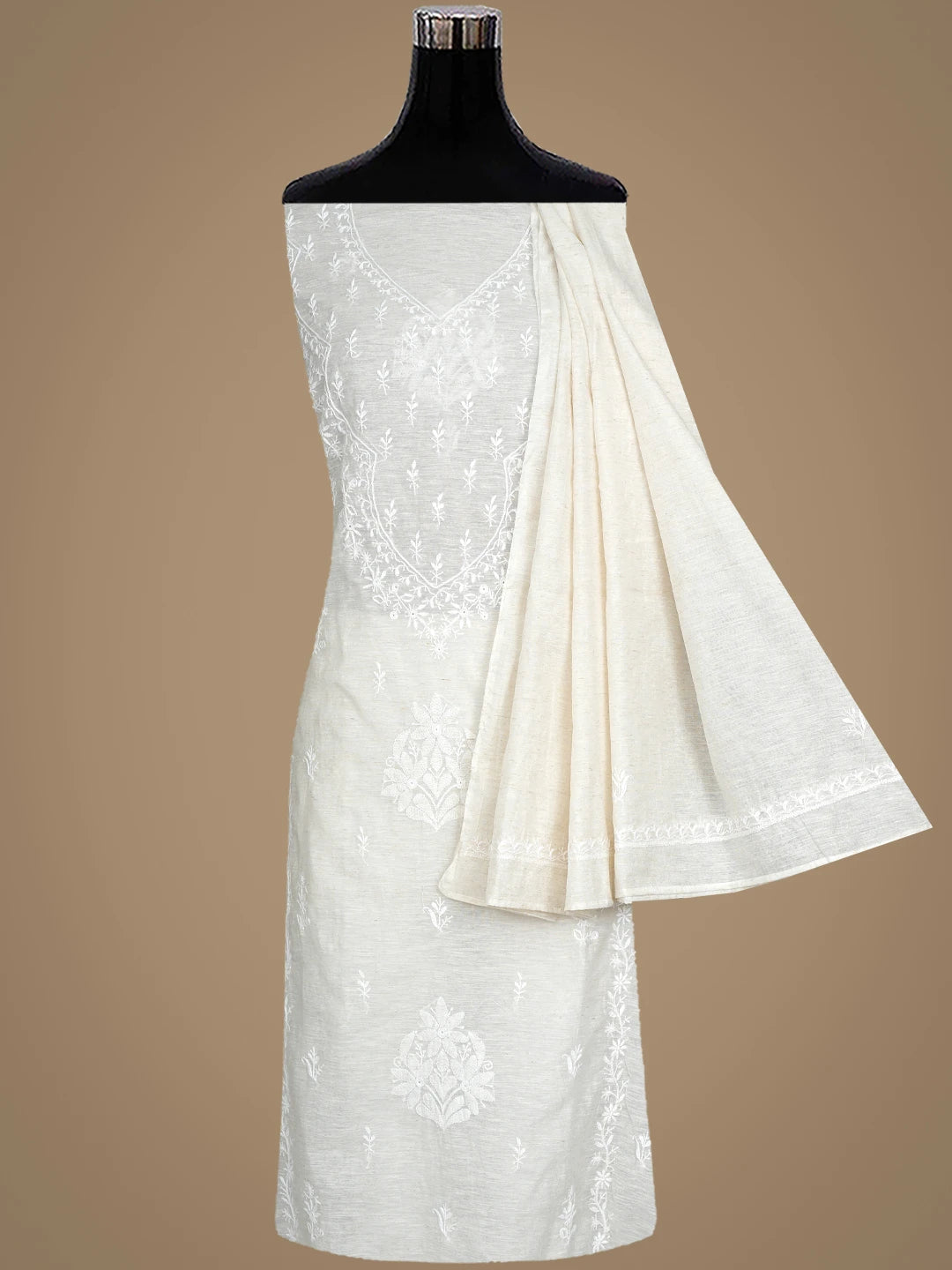 Ada Hand Embroidered Ivory White Khadi Chanderi Lucknowi Chikankari Semi-Stitched Kurta Dupatta Set 01A896626