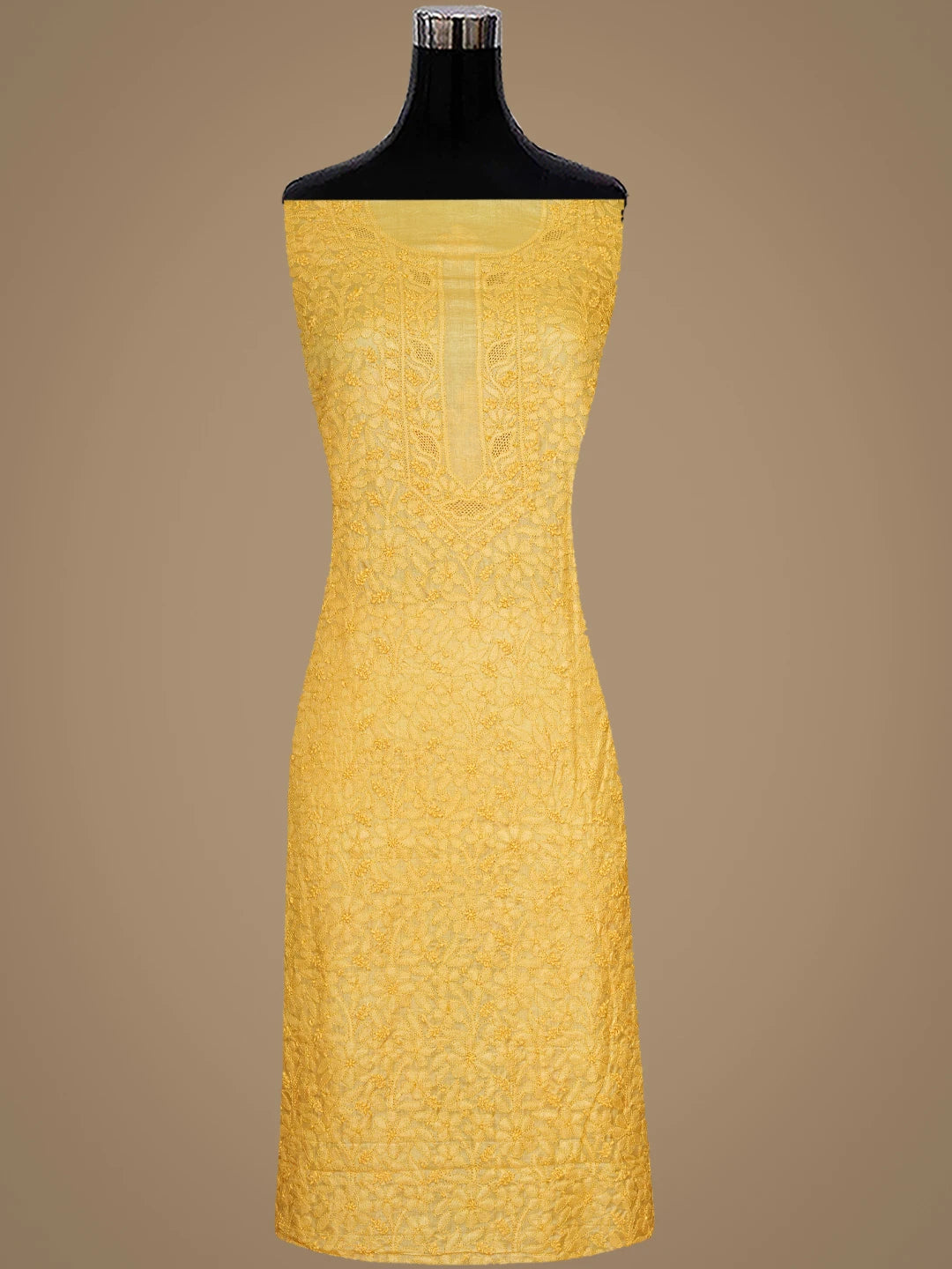 Ada Hand Embroidered Mustard Silk Lucknowi Chikankari Unstitched Suit Piece With Chiffon Dupatta 01A908073