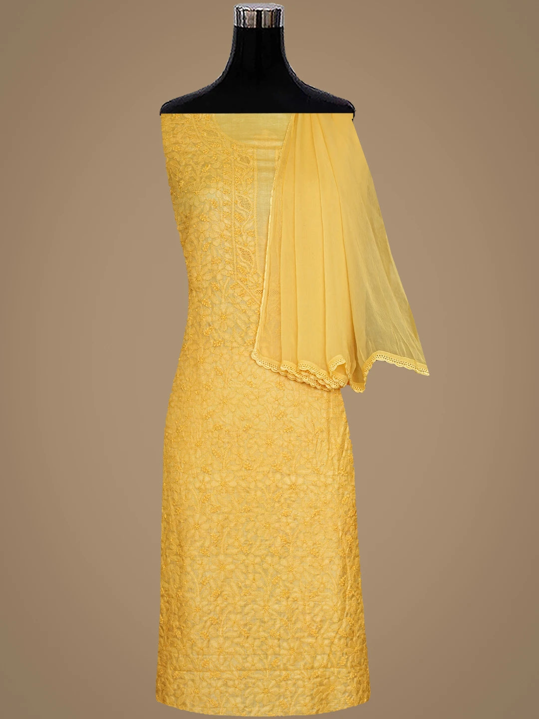 Ada Hand Embroidered Mustard Silk Lucknowi Chikankari Unstitched Suit Piece With Chiffon Dupatta 01A908073