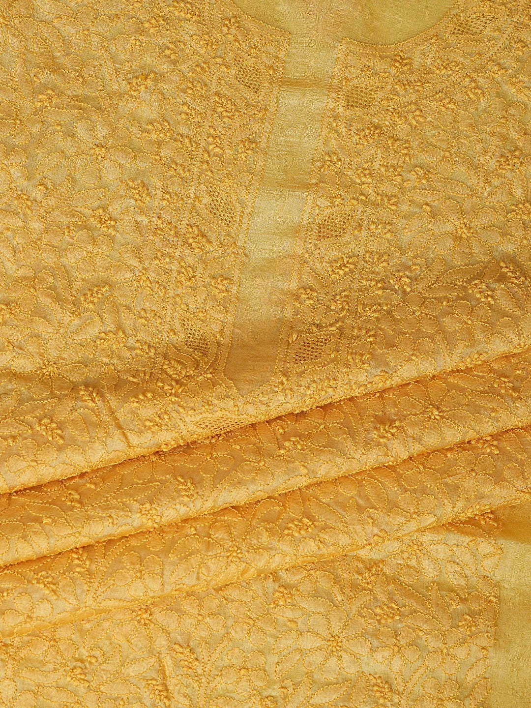 Ada Hand Embroidered Mustard Silk Lucknowi Chikankari Unstitched Suit Piece With Chiffon Dupatta 01A908073