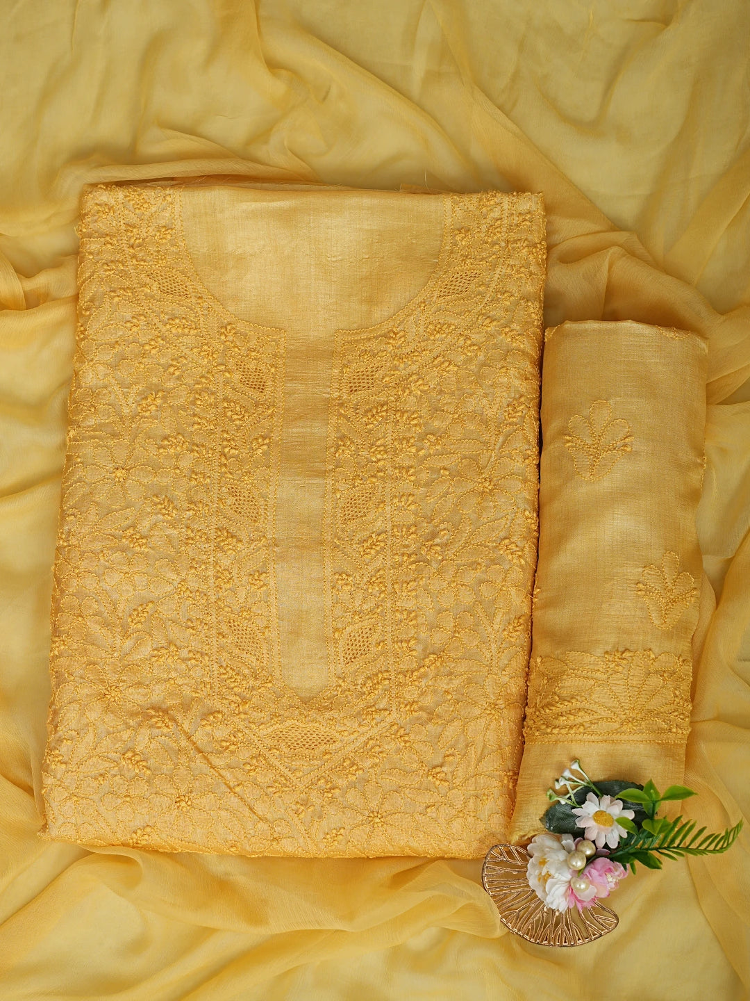 Ada Hand Embroidered Mustard Silk Lucknowi Chikankari Unstitched Suit Piece With Chiffon Dupatta 01A908073