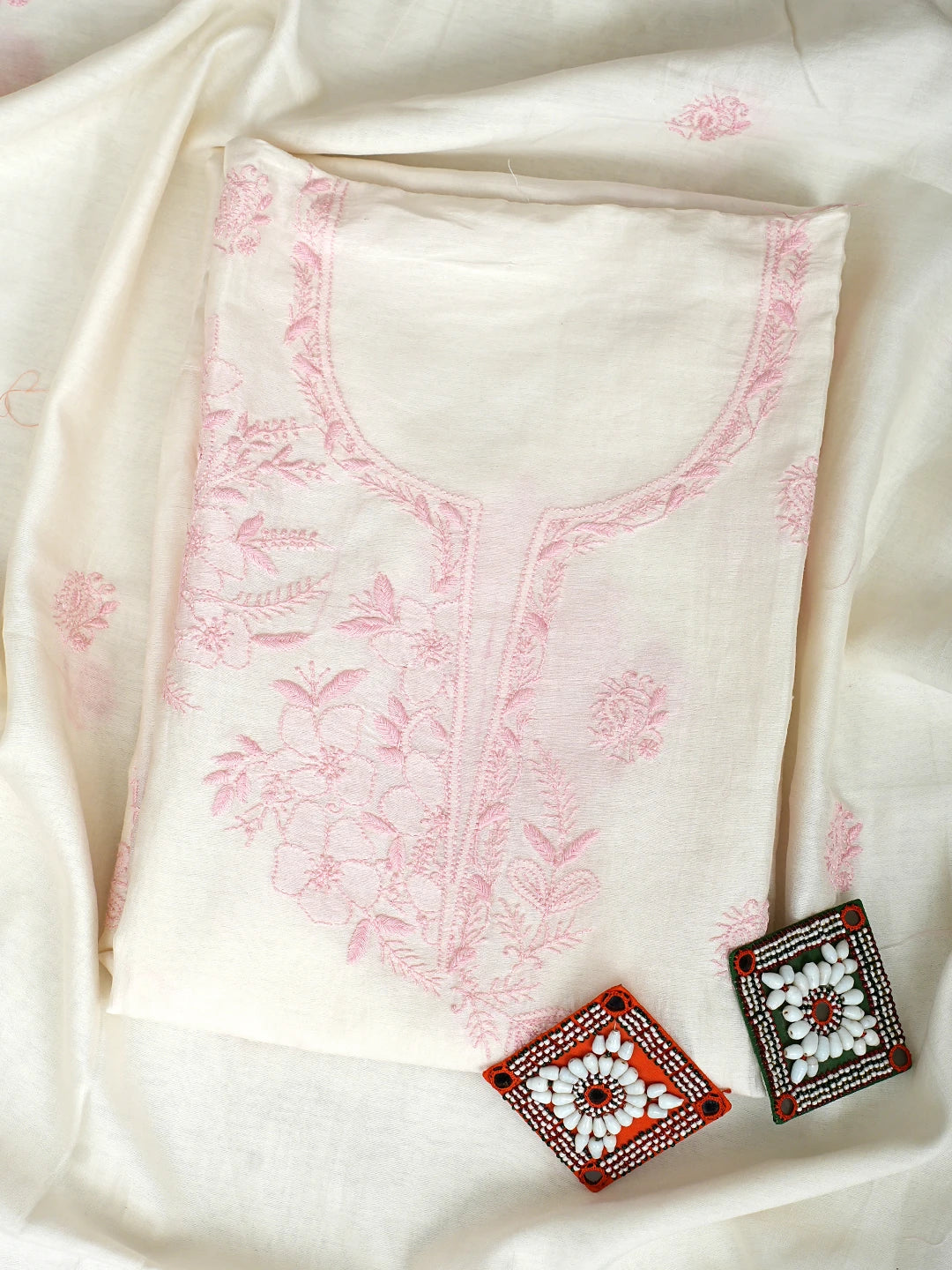 Ada Hand Embroidered Ivory White Chanderi Lucknowi Chikankari Semi-stitched Kurta Dupatta Set 01A896641