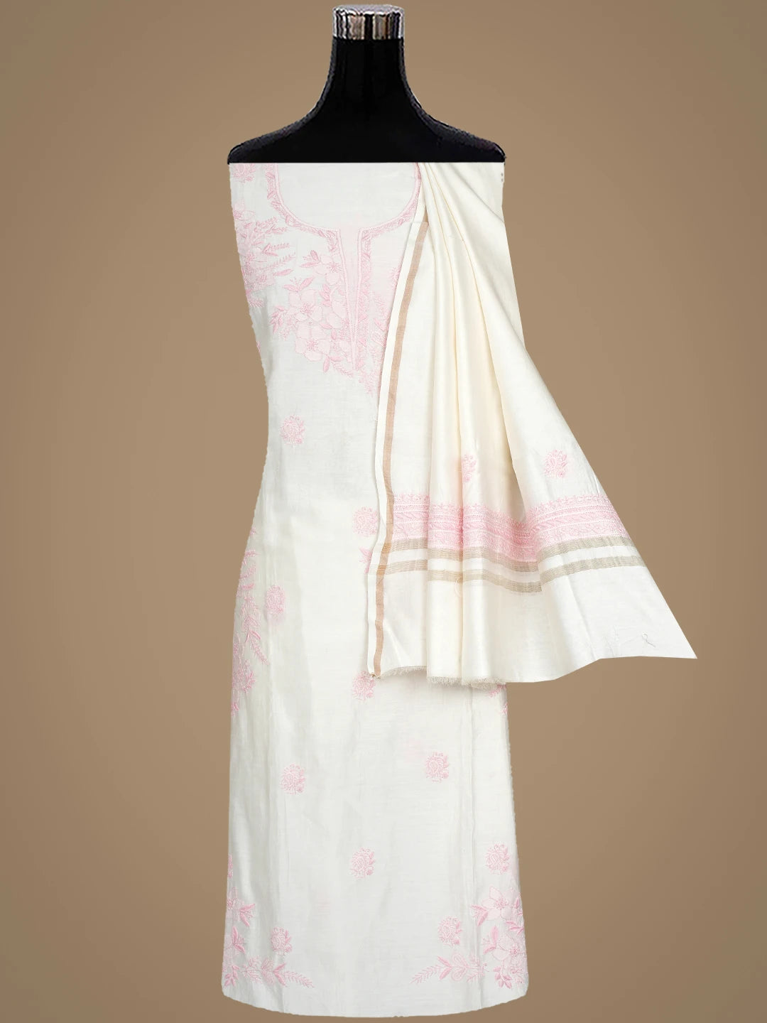 Ada Hand Embroidered Ivory White Chanderi Lucknowi Chikankari Semi-stitched Kurta Dupatta Set 01A896641
