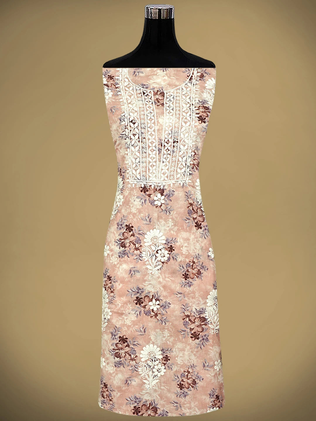 Ada Hand Embroidered Floral Printed Dusty Peach Cotton Lucknowi Chikankari Unstitched Kurta Dupatta Set 01A898193