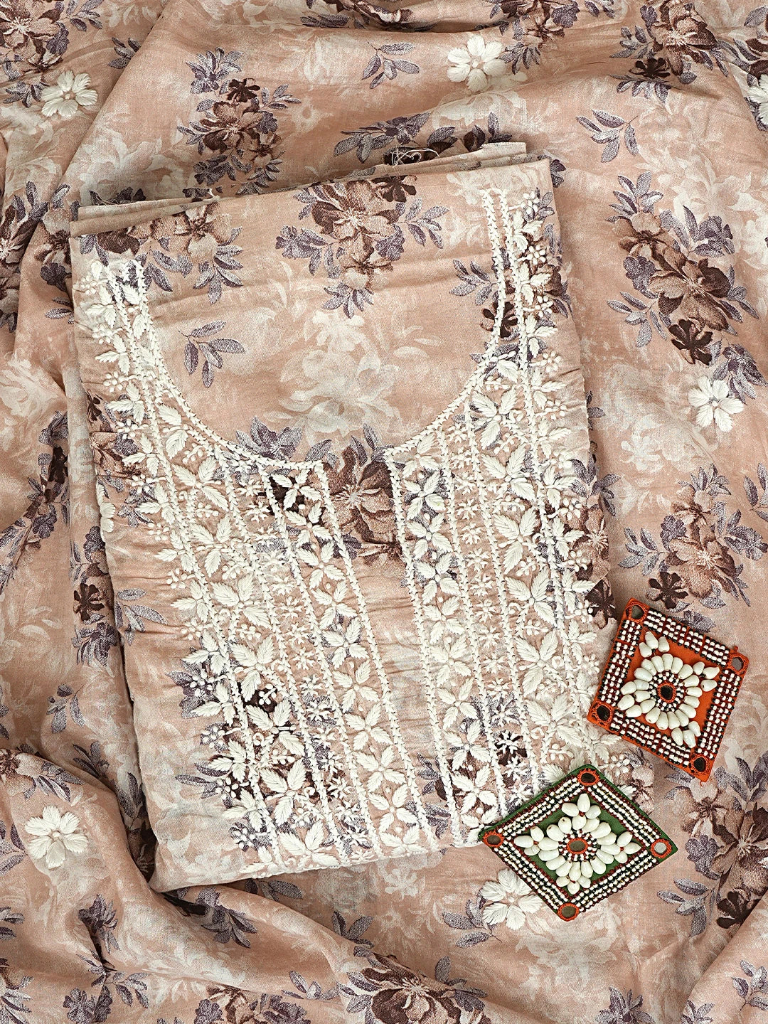 Ada Hand Embroidered Floral Printed Dusty Peach Cotton Lucknowi Chikankari Unstitched Kurta Dupatta Set 01A898193