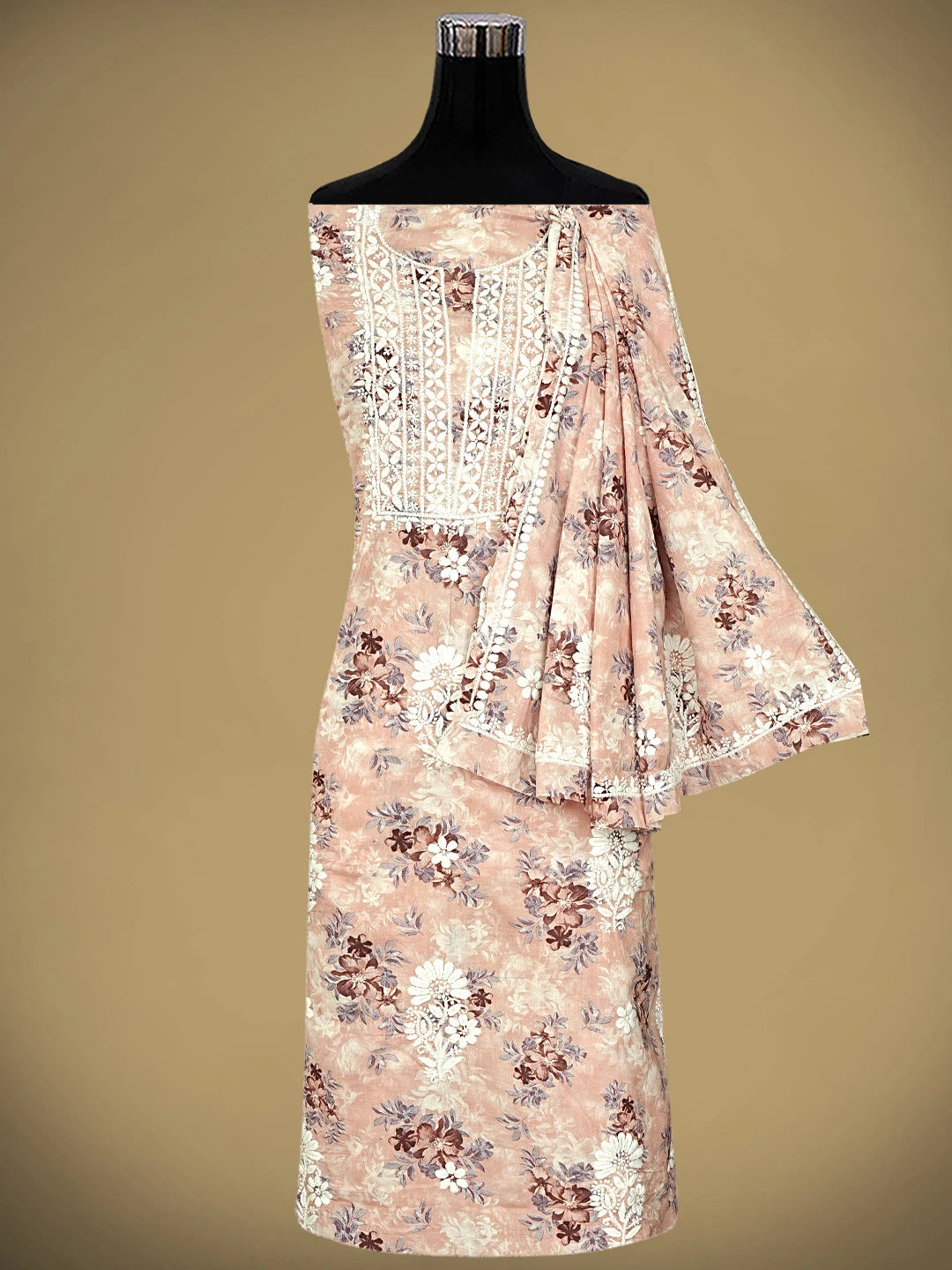 Ada Hand Embroidered Floral Printed Dusty Peach Cotton Lucknowi Chikankari Unstitched Kurta Dupatta Set 01A898193