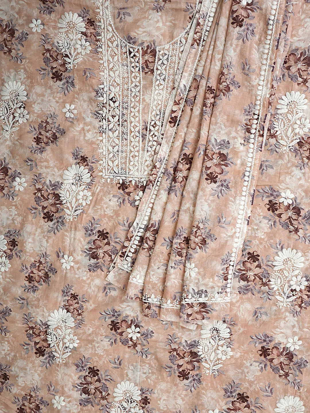 Ada Hand Embroidered Floral Printed Dusty Peach Cotton Lucknowi Chikankari Unstitched Kurta Dupatta Set 01A898193