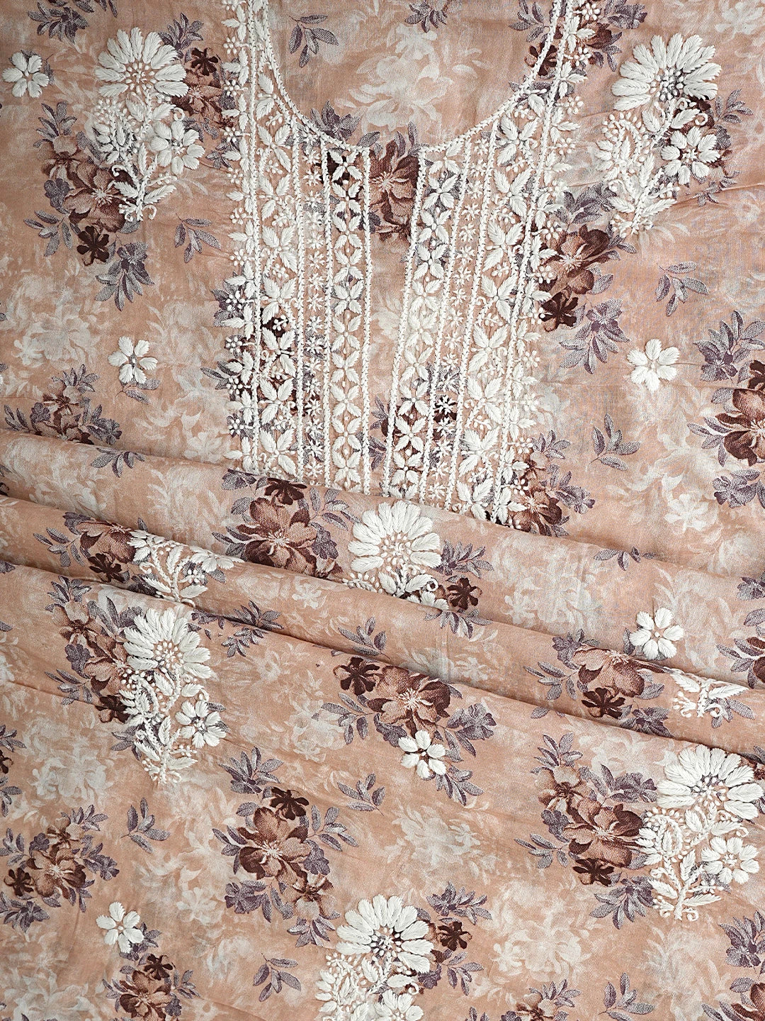 Ada Hand Embroidered Floral Printed Dusty Peach Cotton Lucknowi Chikankari Unstitched Kurta Dupatta Set 01A898193