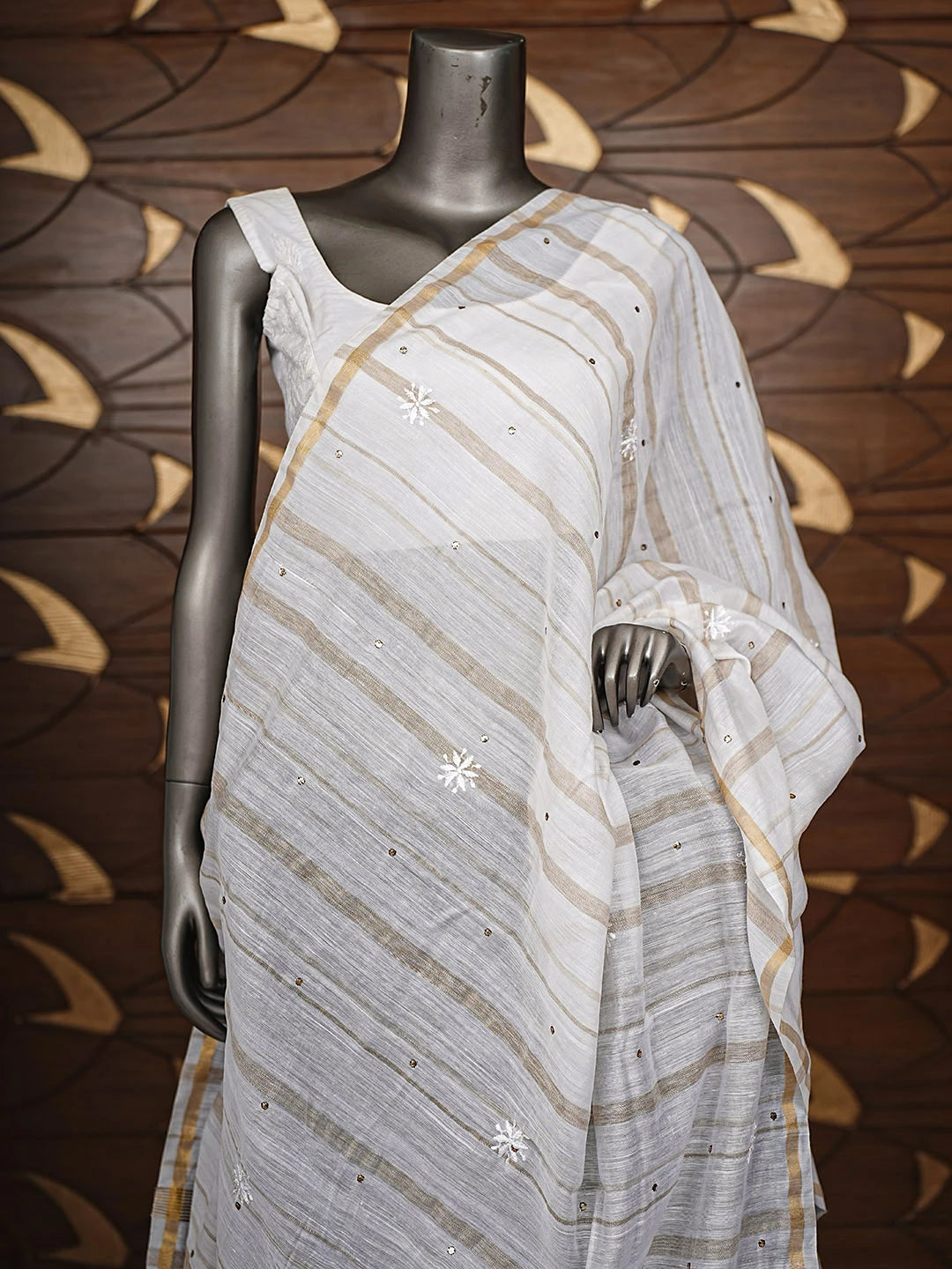 Ada Hand Embroidered White Chanderi Lucknowi Chikankari Dupatta With Muqaish/Mukaish Work 01A858155