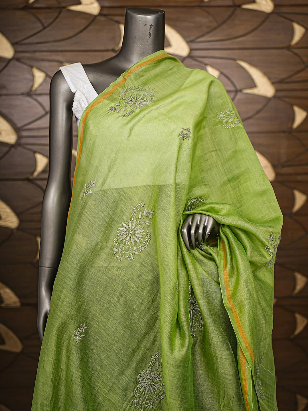 Ada Hand Embroidered Forest Green Chanderi Lucknowi Chikankari Dupatta 01A836060