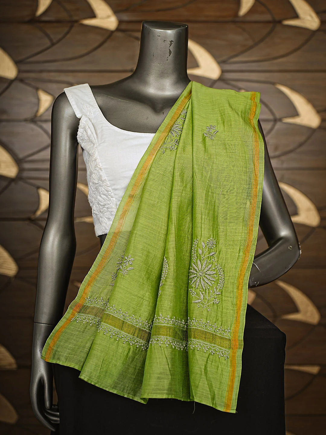 Ada Hand Embroidered Forest Green Chanderi Lucknowi Chikankari Dupatta 01A836060