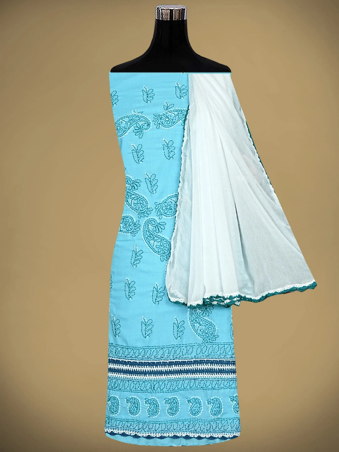 Ada Hand Embroidered Blue Cotton Lucknowi Chikankari Unstitched Suit Piece 01A919774